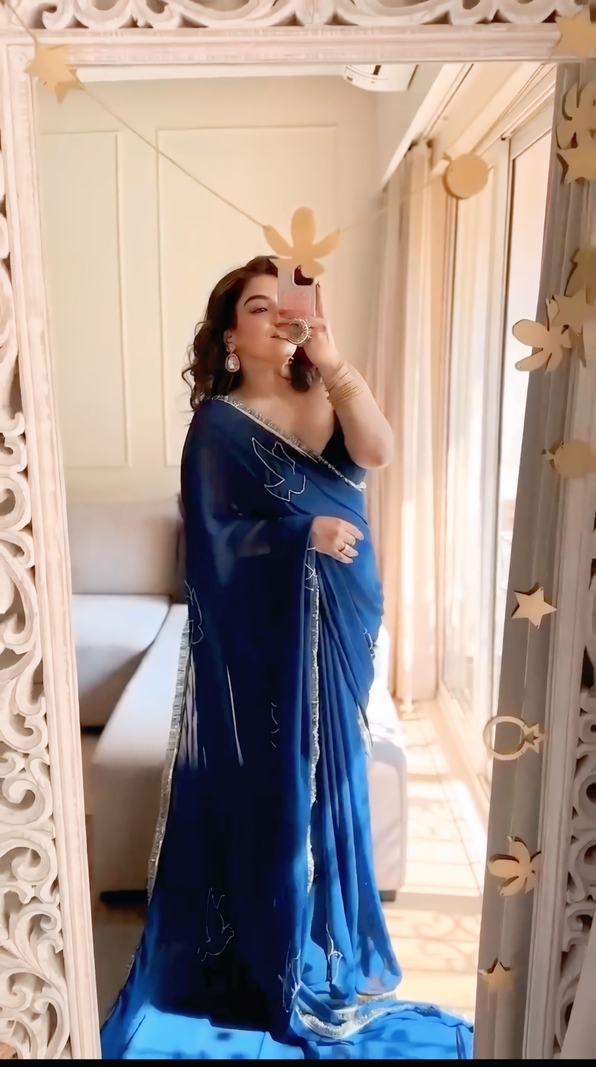 One Minute Ready To Wear Blue Havy Organza Silk Febric Saree With Stitch Blouse