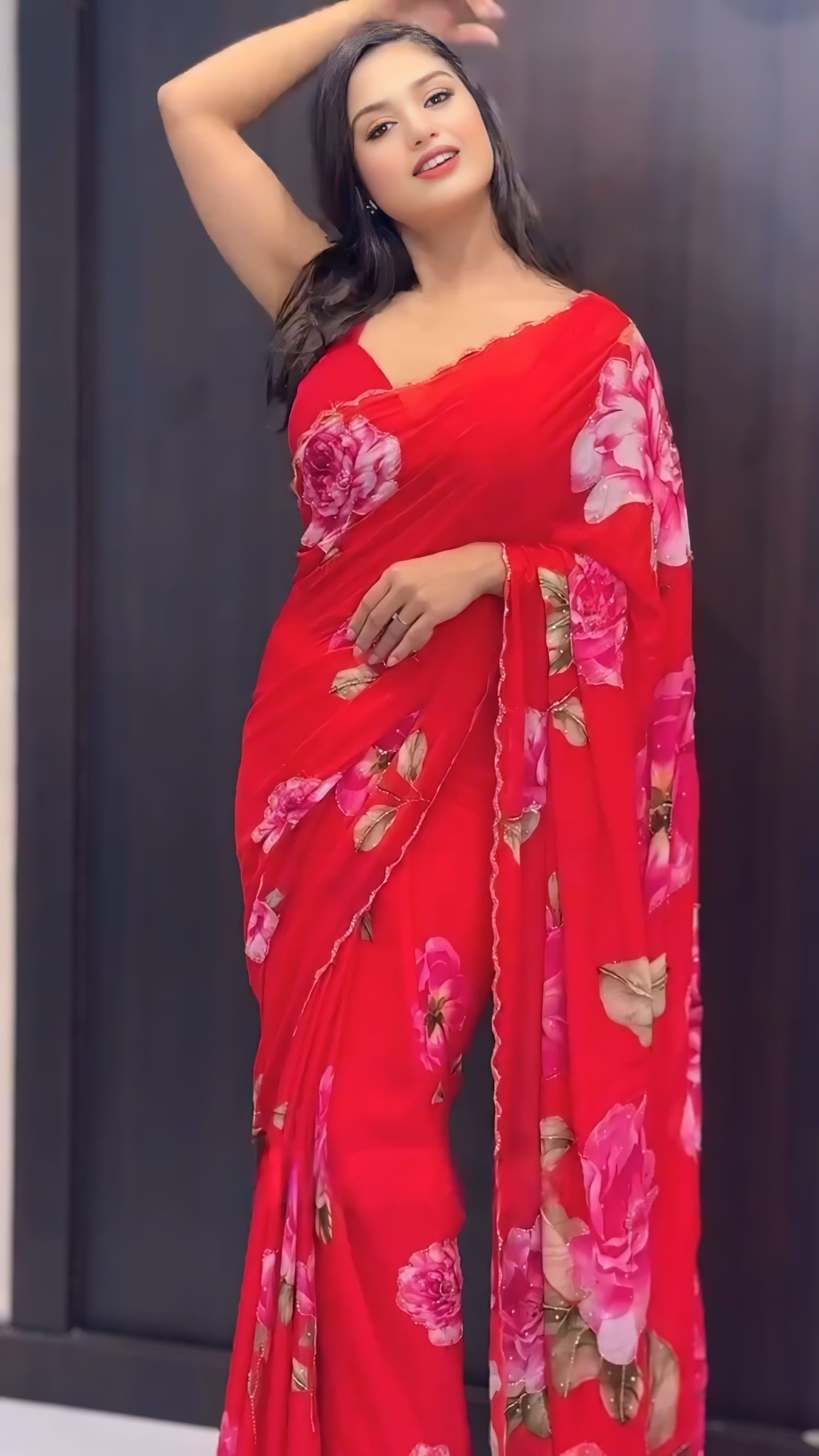 One Minute Ready To Wear Red Color Georgette Saree