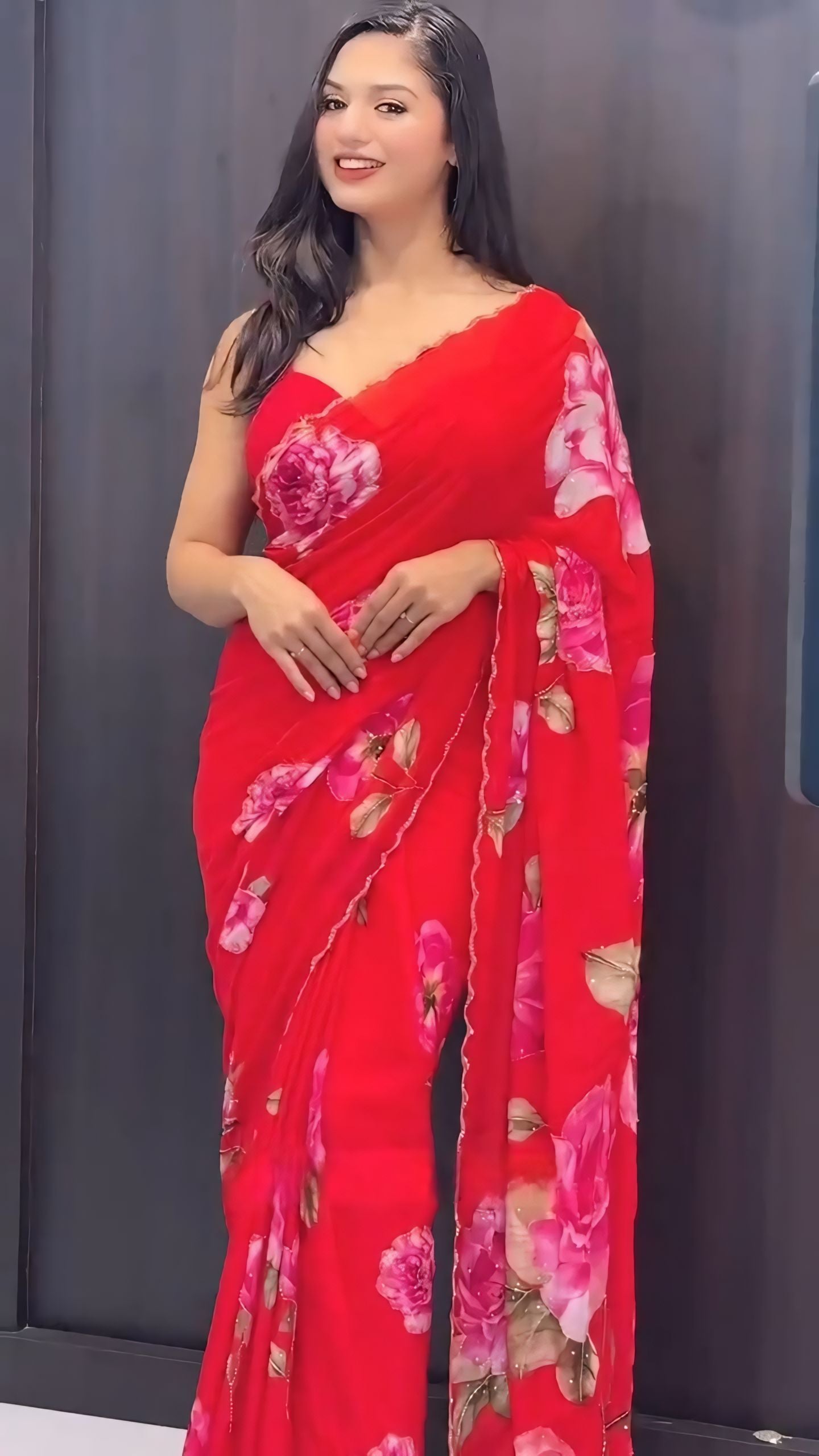 One Minute Ready To Wear Red Color Georgette Saree