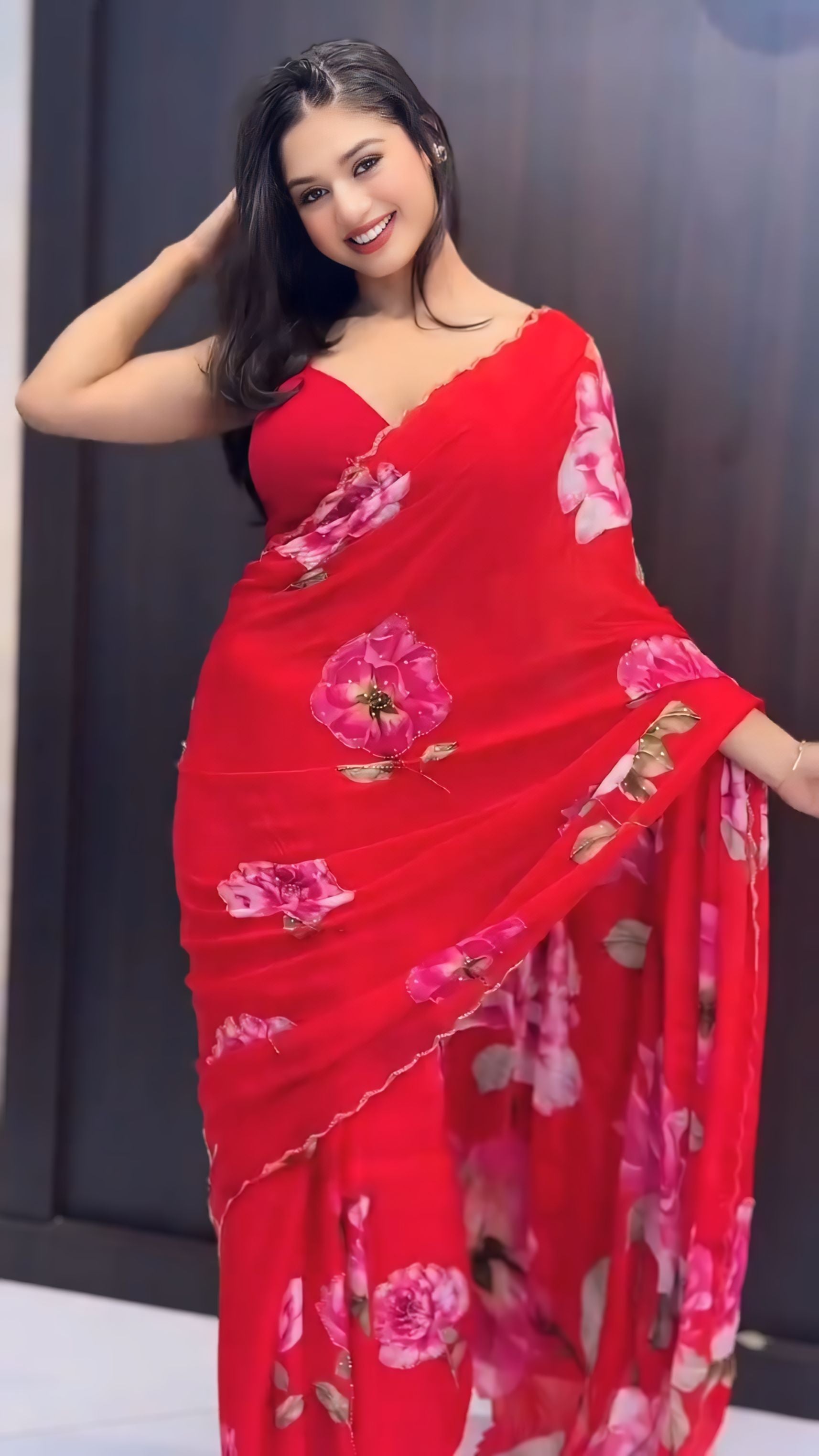 One Minute Ready To Wear Red Color Georgette Saree