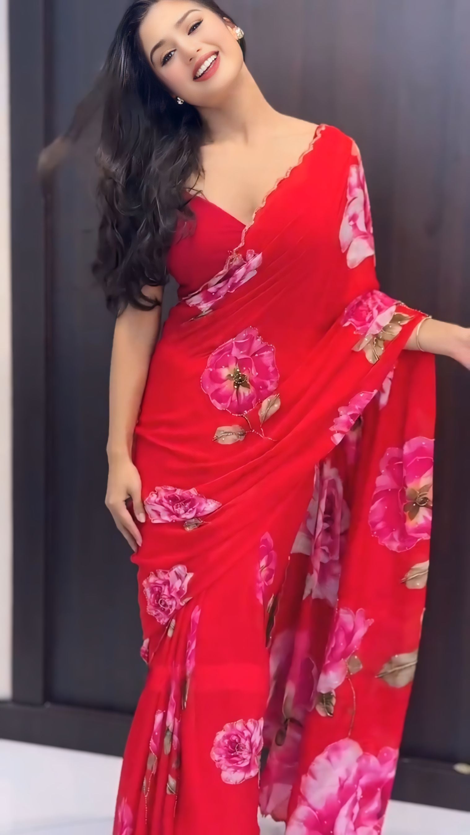 One Minute Ready To Wear Red Color Georgette Saree