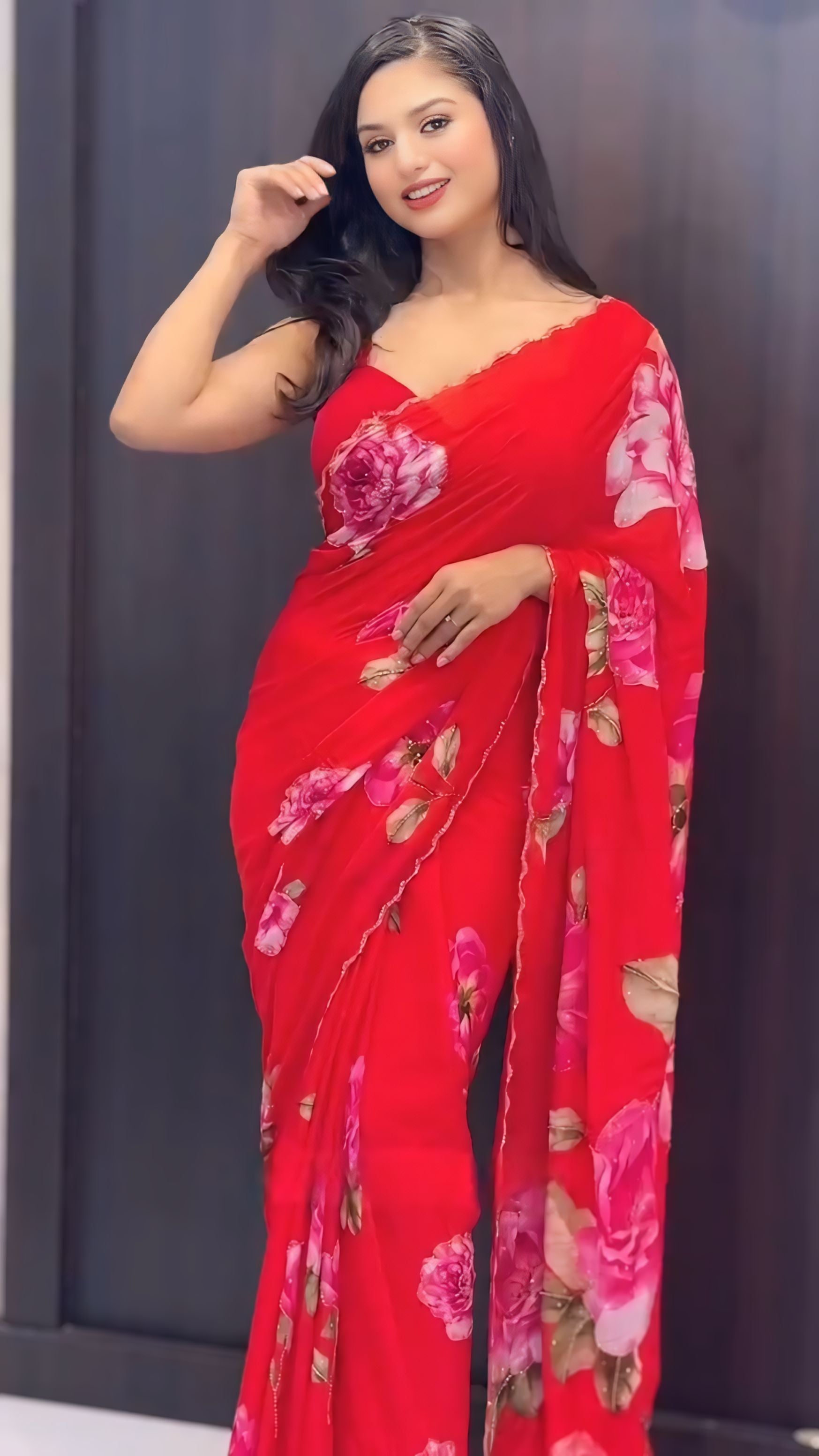 One Minute Ready To Wear Red Color Georgette Saree