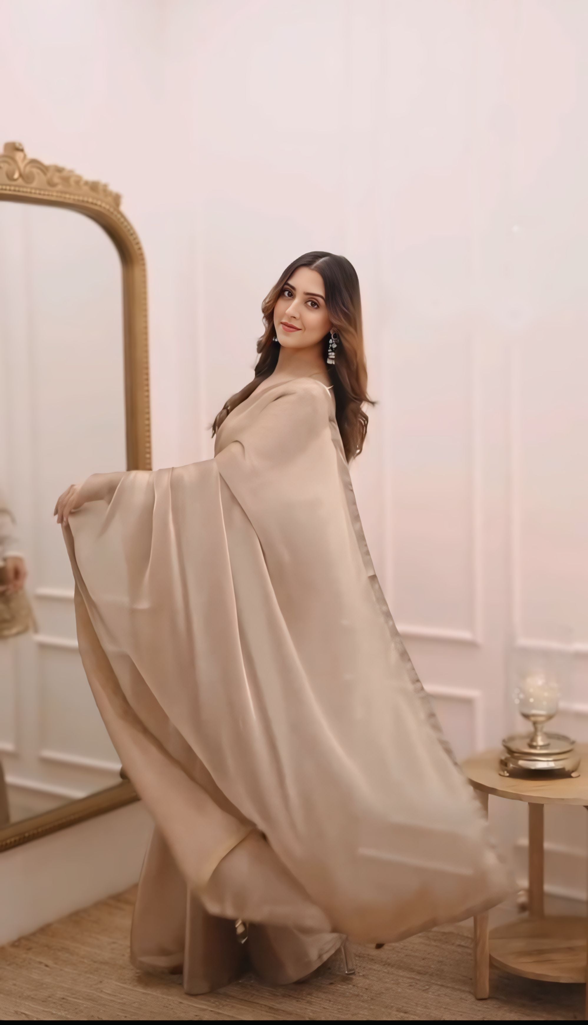 One Minute Ready To Wear Girlish Brown Fancy Fandy Silk Two Tone Saree With Stitch Blouse