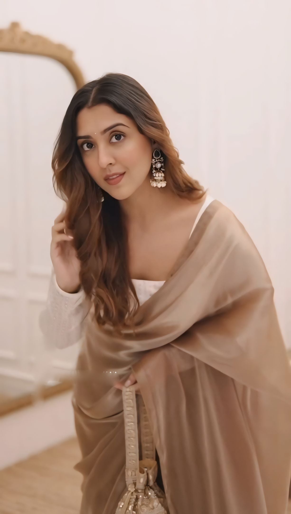 One Minute Ready To Wear Girlish Brown Fancy Fandy Silk Two Tone Saree With Stitch Blouse