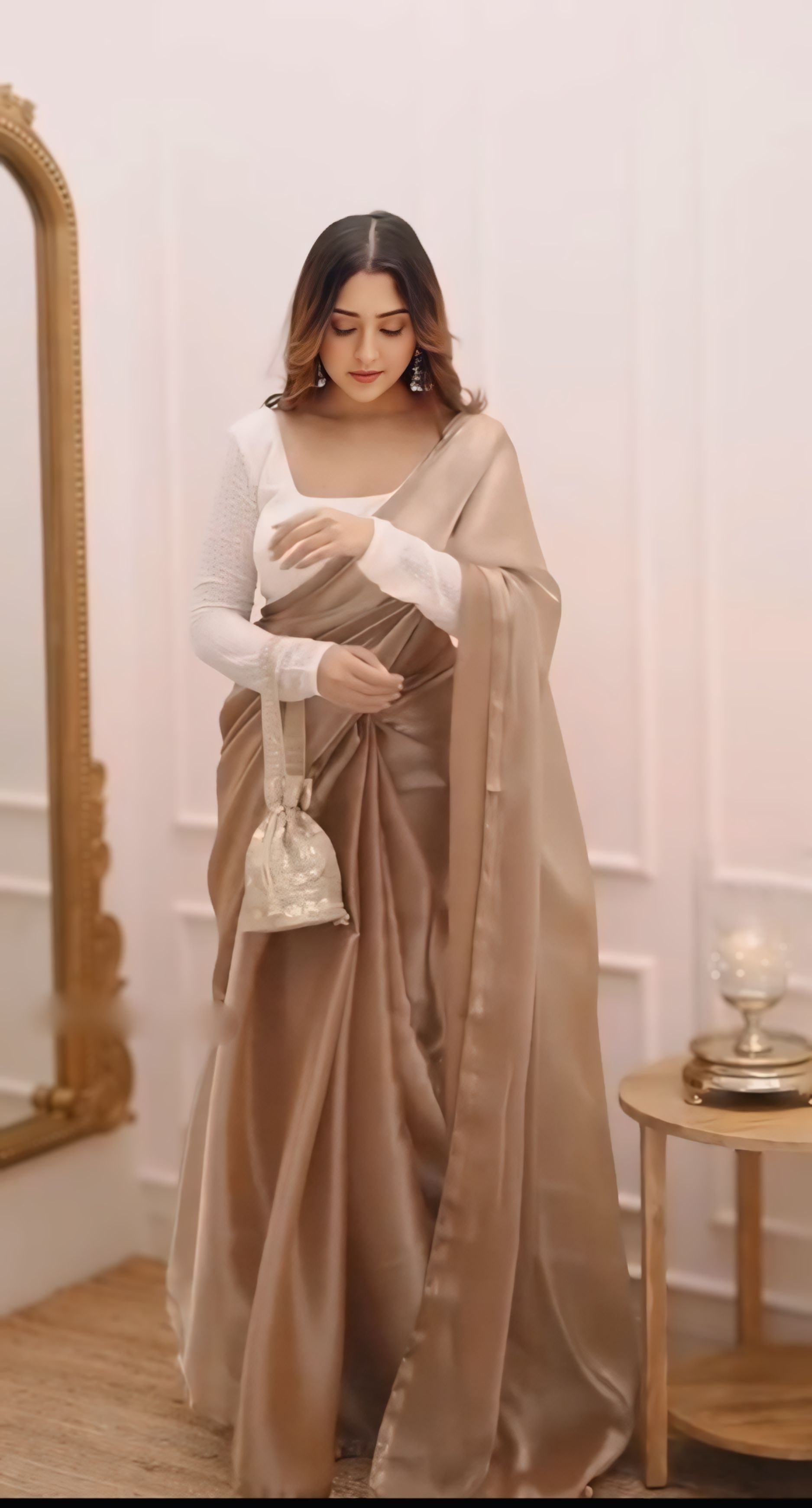 One Minute Ready To Wear Girlish Brown Fancy Fandy Silk Two Tone Saree With Stitch Blouse