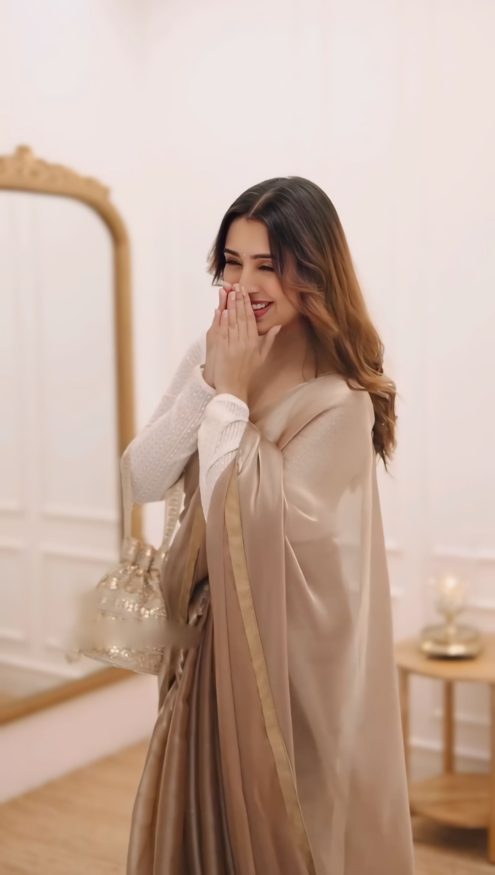 One Minute Ready To Wear Girlish Brown Fancy Fandy Silk Two Tone Saree With Stitch Blouse