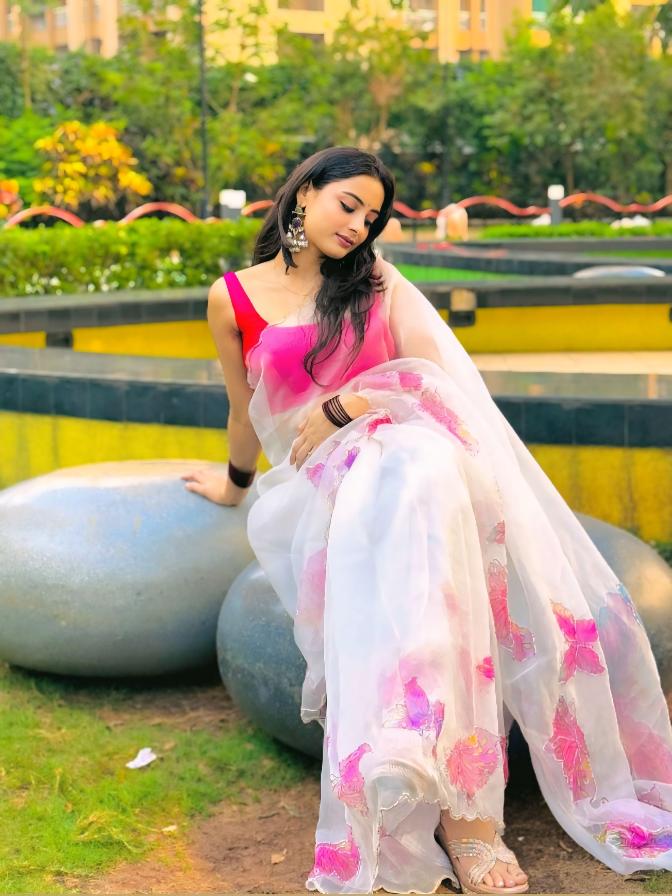 One Minute Ready To Wear White Color Organza Saree