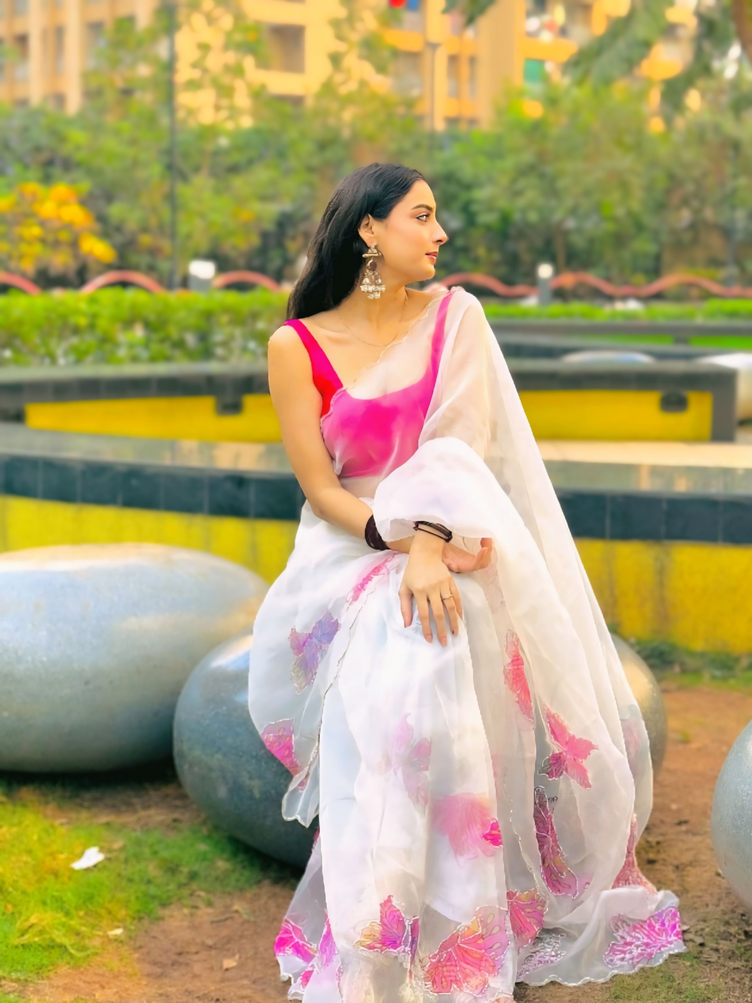 One Minute Ready To Wear White Color Organza Saree
