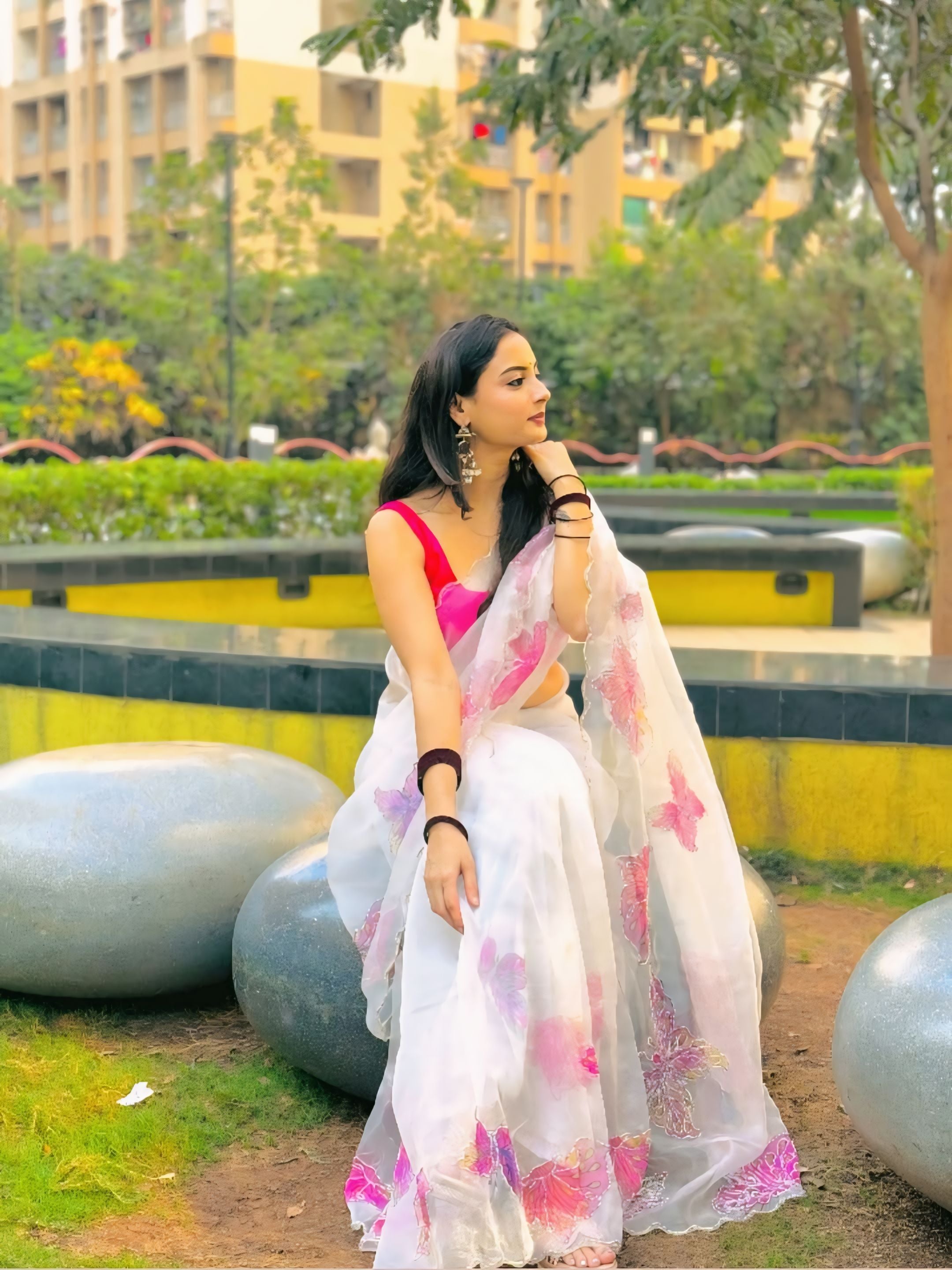 One Minute Ready To Wear White Color Organza Saree