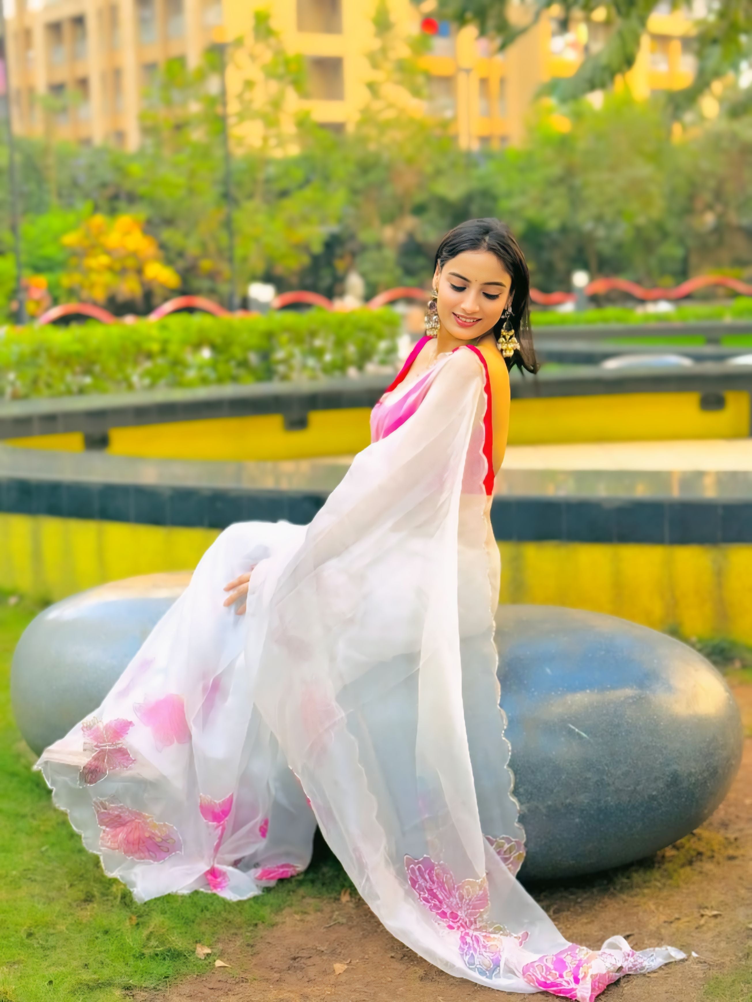 One Minute Ready To Wear White Color Organza Saree