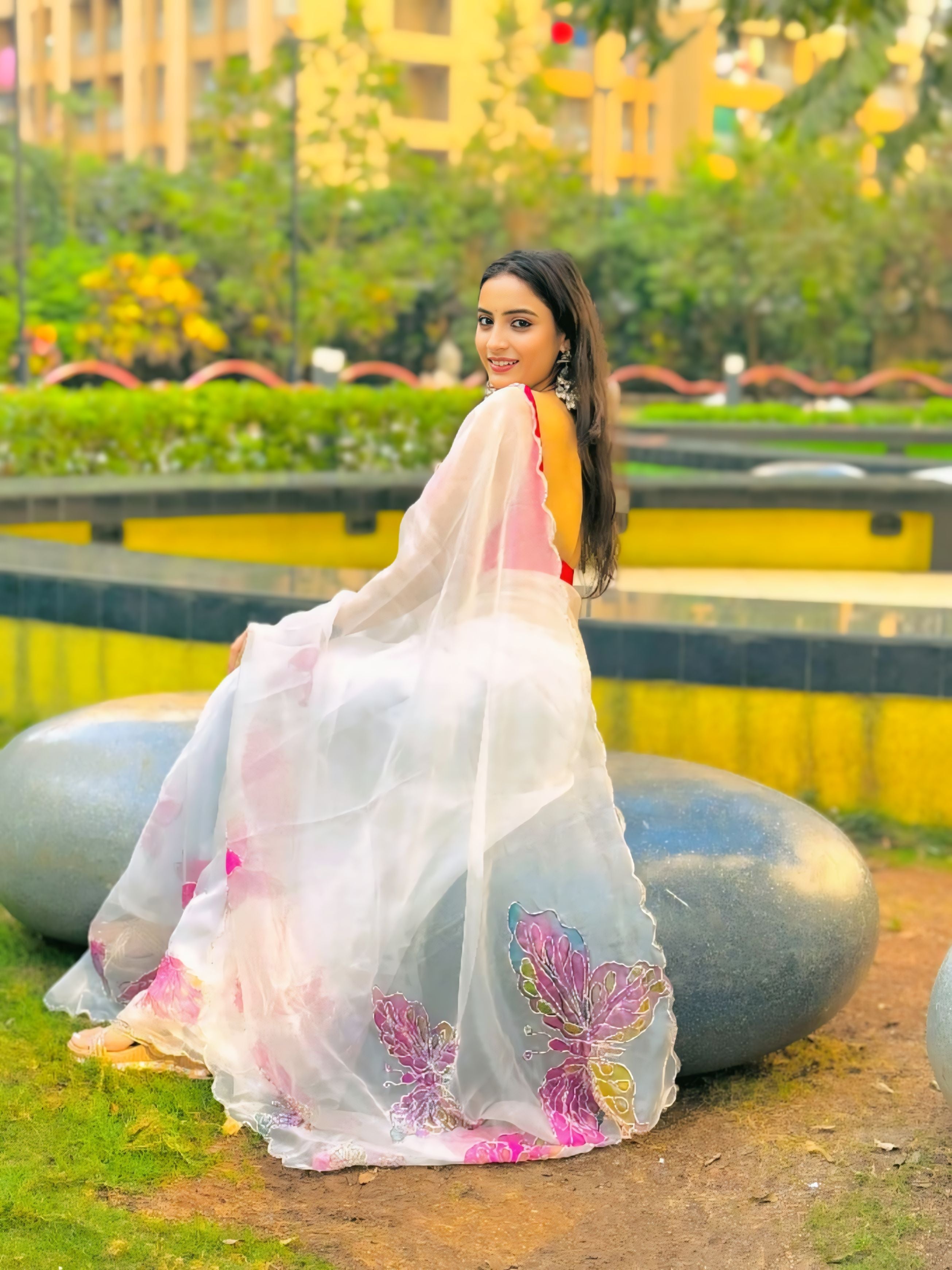 One Minute Ready To Wear White Color Organza Saree