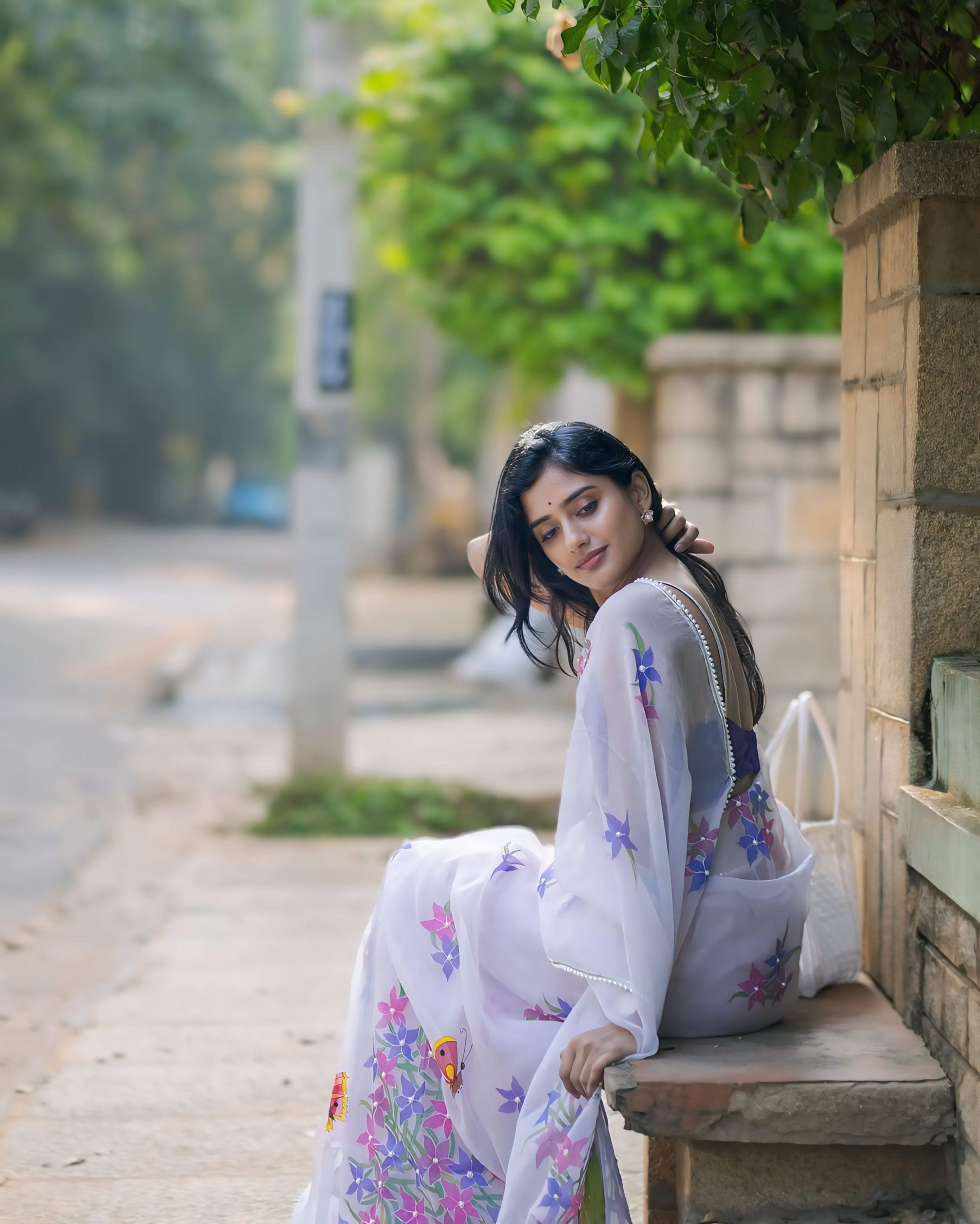 One Minute Ready To Wear Hand-Painted Pastel Mauve Whimsical Butterfly Silk Organza Saree