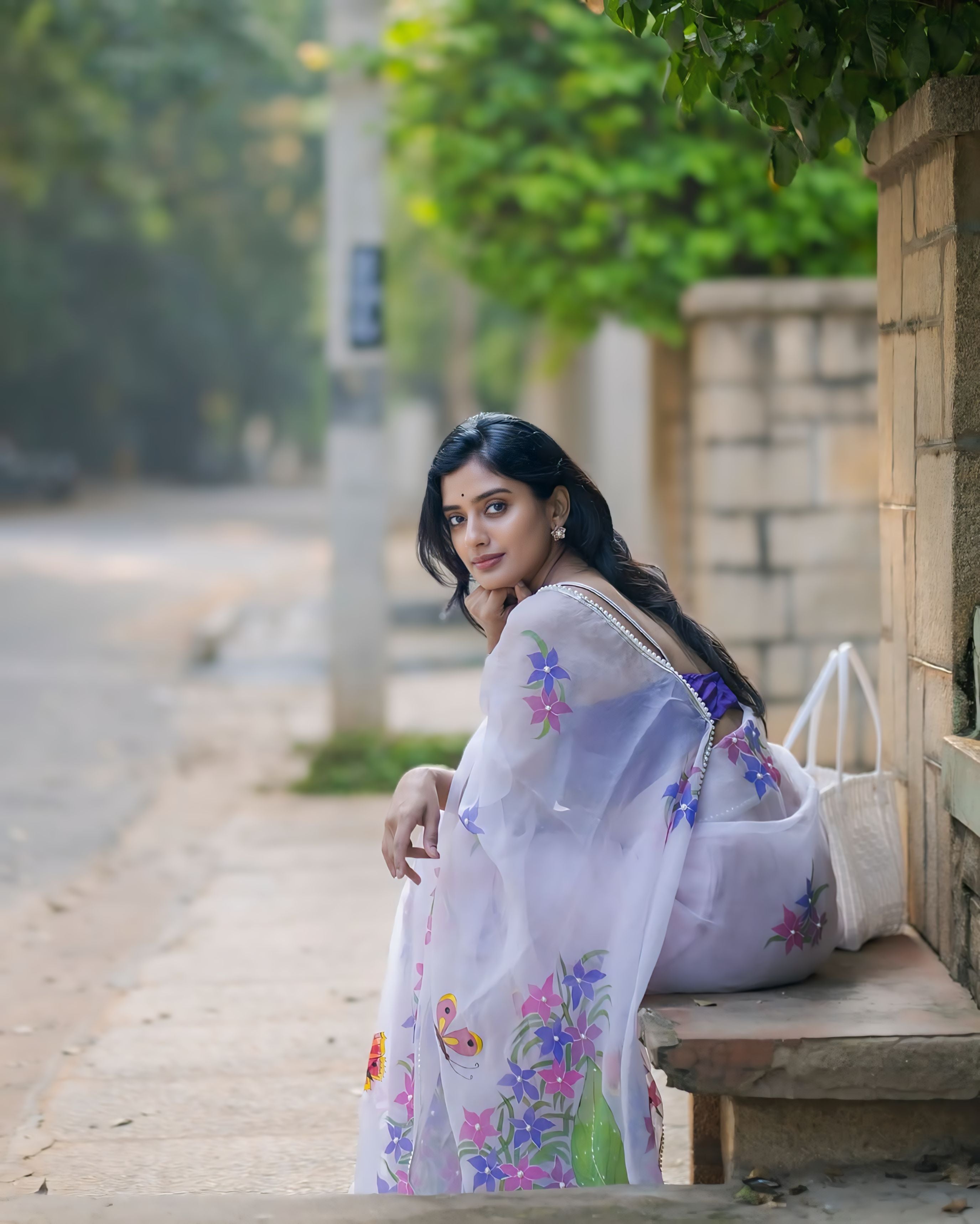 One Minute Ready To Wear Hand-Painted Pastel Mauve Whimsical Butterfly Silk Organza Saree