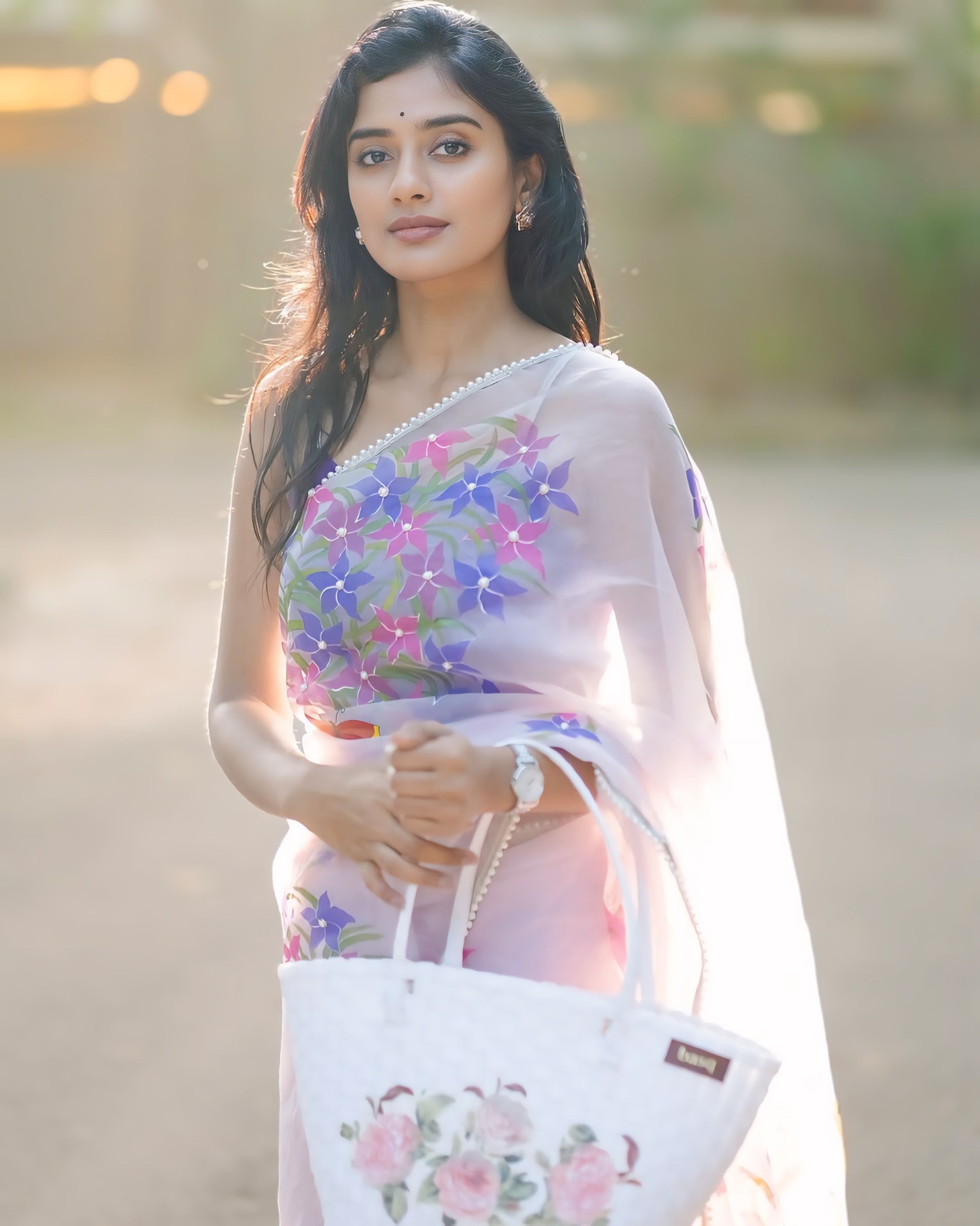 One Minute Ready To Wear Hand-Painted Pastel Mauve Whimsical Butterfly Silk Organza Saree