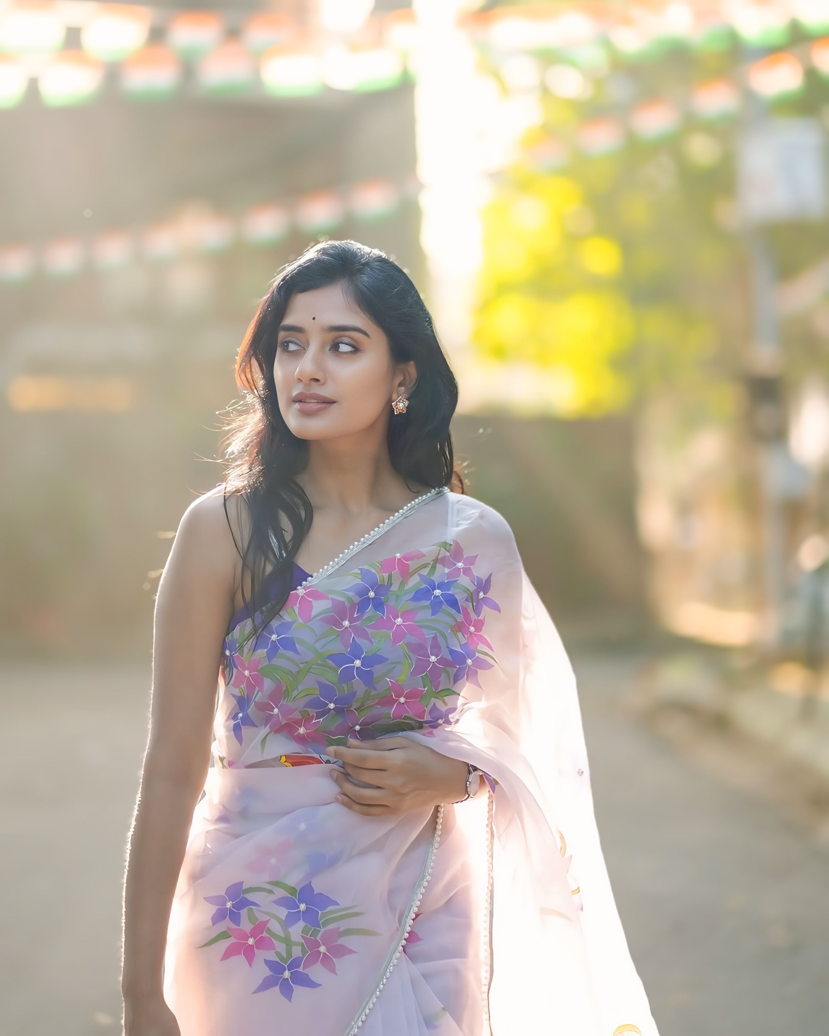 One Minute Ready To Wear Hand-Painted Pastel Mauve Whimsical Butterfly Silk Organza Saree