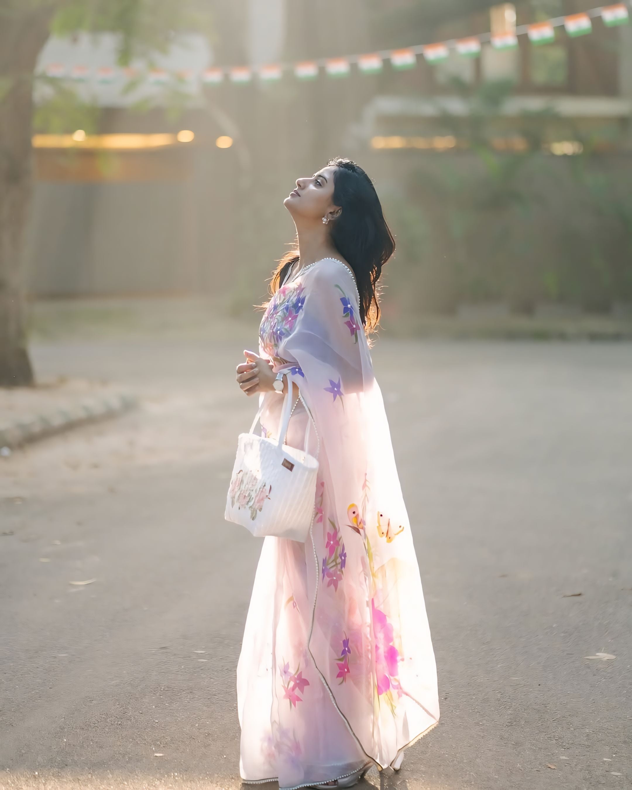 One Minute Ready To Wear Hand-Painted Pastel Mauve Whimsical Butterfly Silk Organza Saree