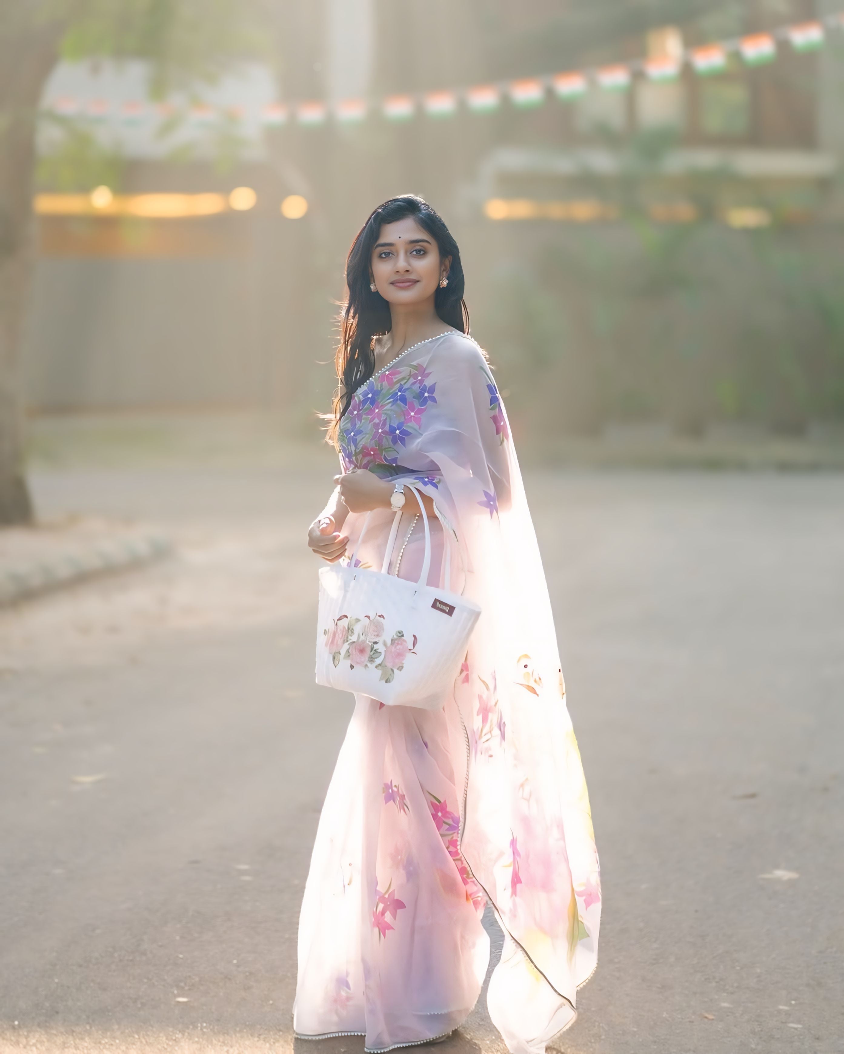 One Minute Ready To Wear Hand-Painted Pastel Mauve Whimsical Butterfly Silk Organza Saree
