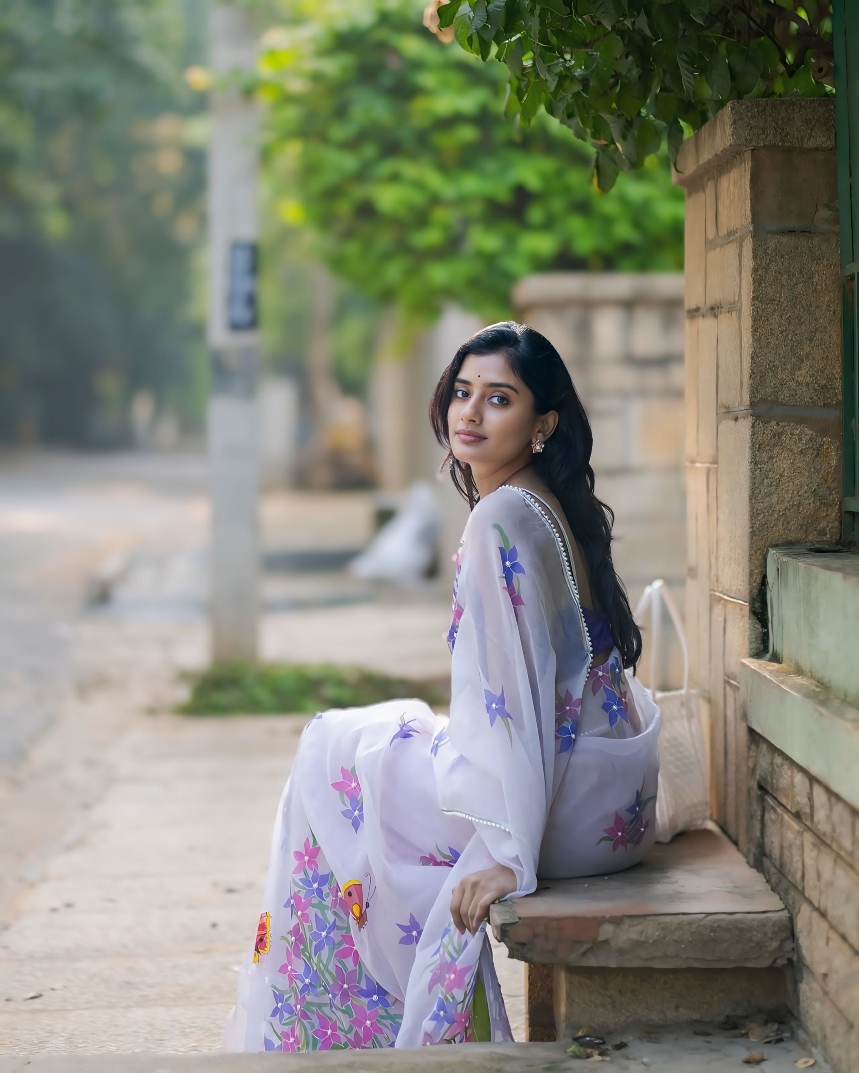 One Minute Ready To Wear Hand-Painted Pastel Mauve Whimsical Butterfly Silk Organza Saree