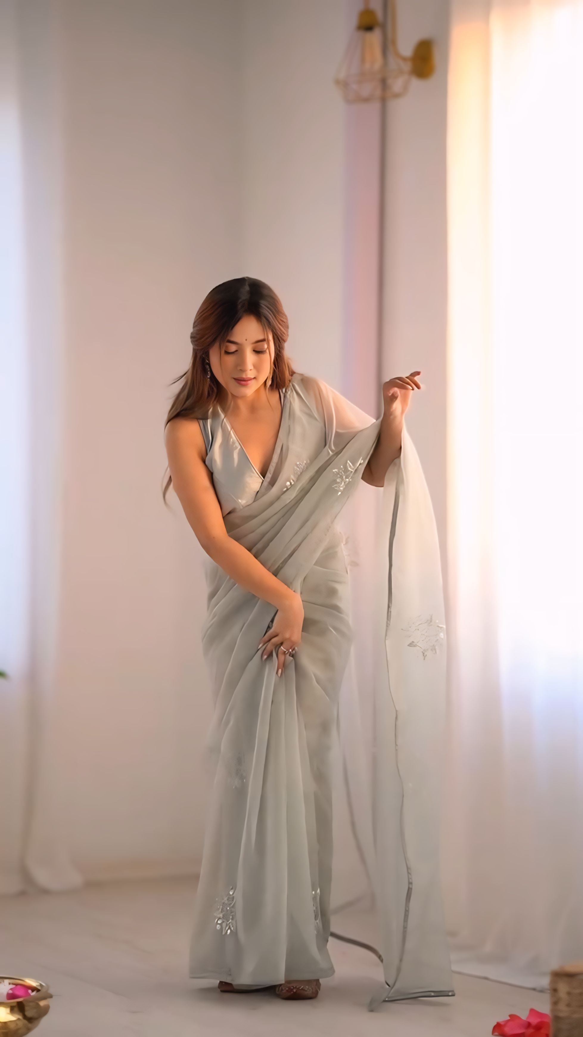 One Minute Ready To Wear Elegant Grey Organza Printed Saree with Stitch Blouse