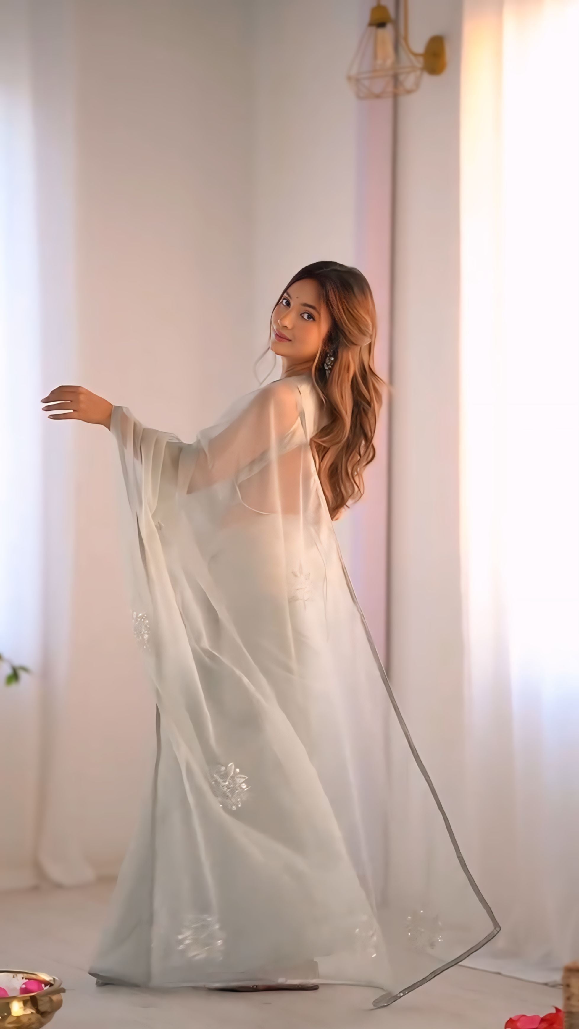 One Minute Ready To Wear Elegant Grey Organza Printed Saree with Stitch Blouse