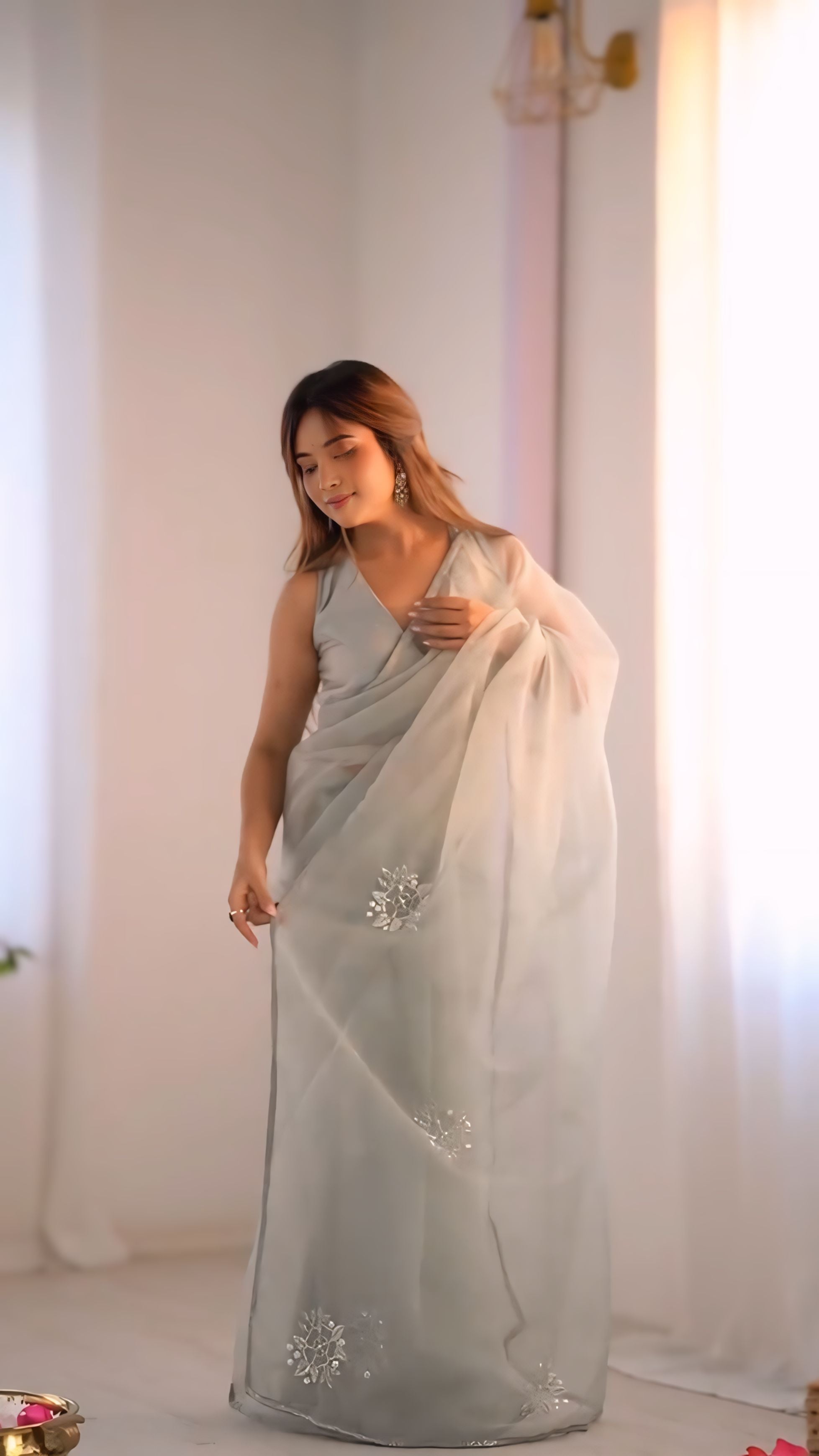 One Minute Ready To Wear Elegant Grey Organza Printed Saree with Stitch Blouse