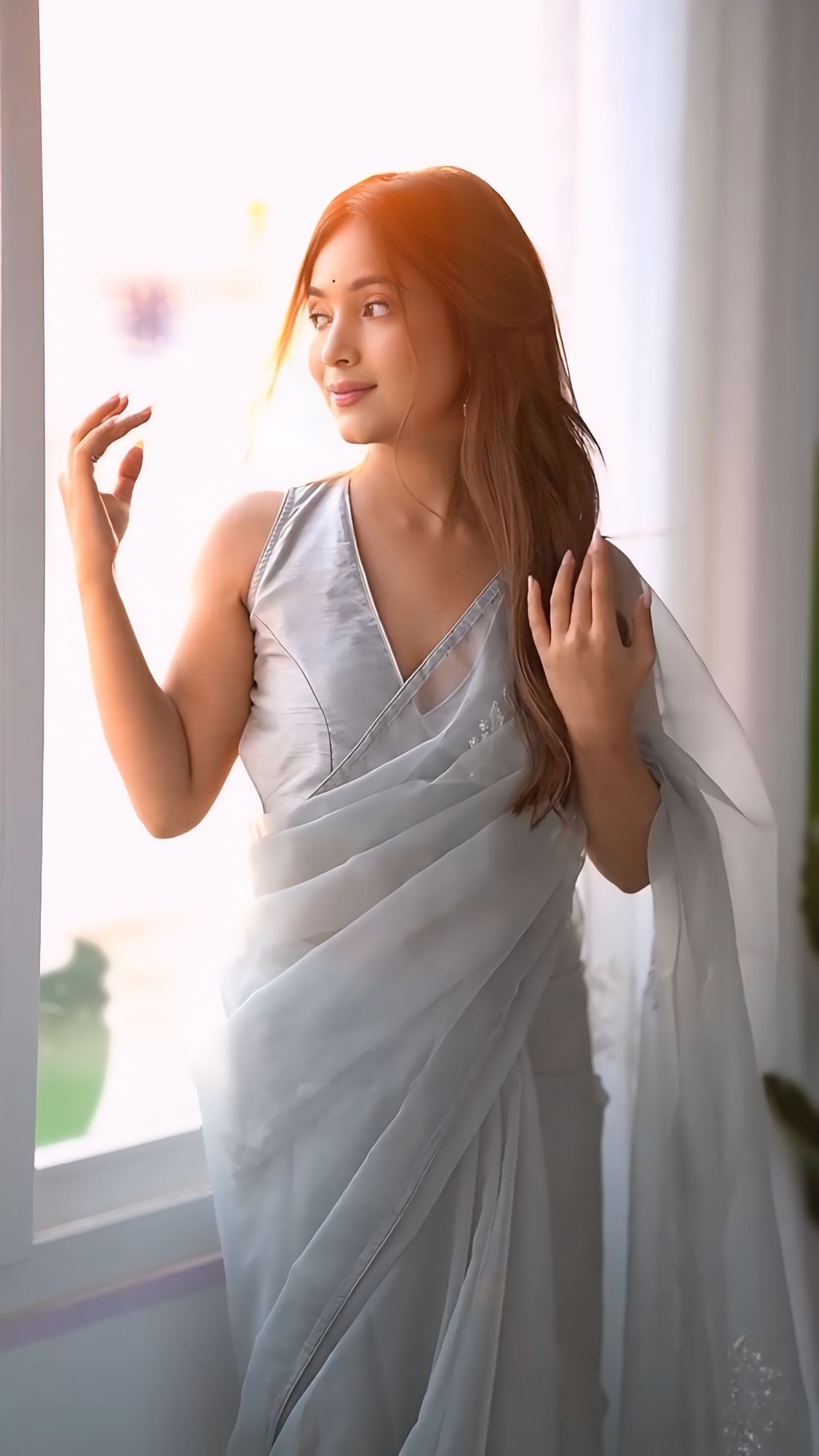 One Minute Ready To Wear Elegant Grey Organza Printed Saree with Stitch Blouse