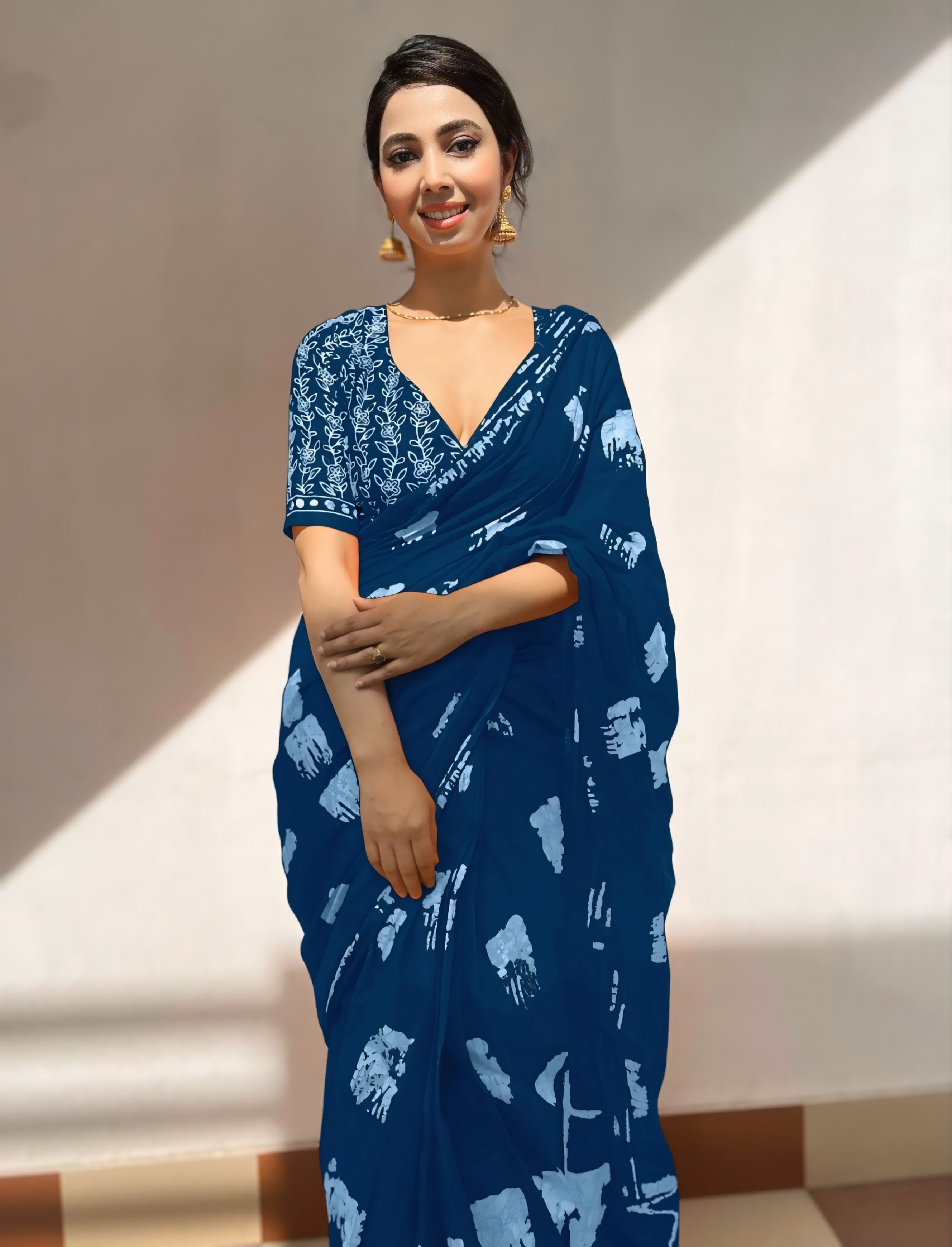One Minute Ready To Wear Blue Ethnic Motifs Poly Cotton Ikat With Pocket Saree
