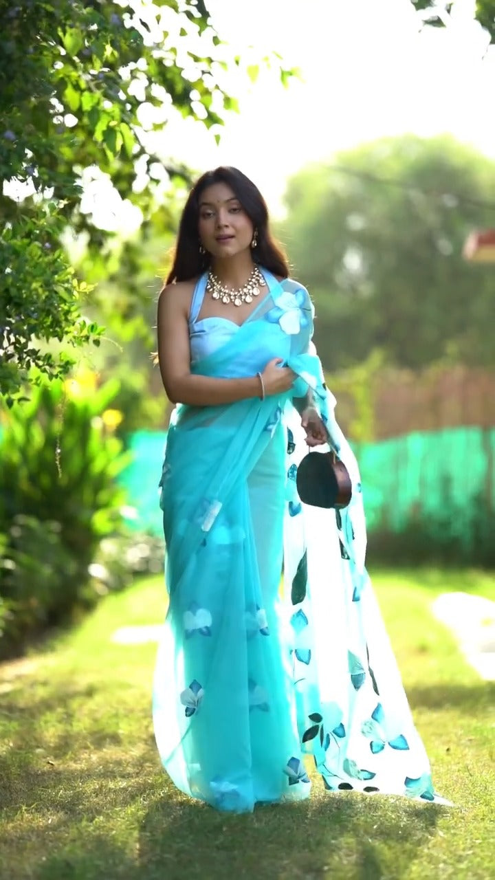 One Minute Ready To Wear Pretty Sky Blue Color Soft Organza Silk