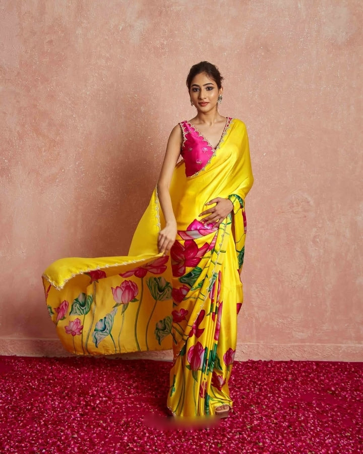 One Minute Ready To Wear Yellow Floral Print Silk Saree With Stitch Blouse