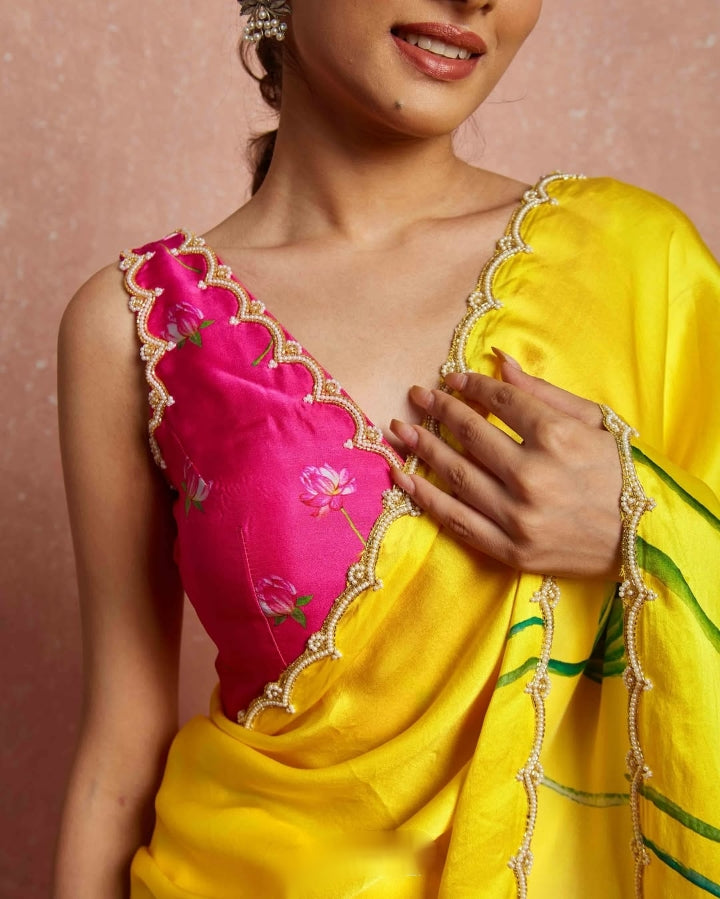 One Minute Ready To Wear Yellow Floral Print Silk Saree With Stitch Blouse