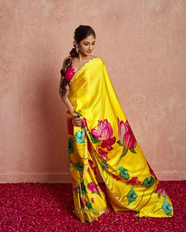 One Minute Ready To Wear Yellow Floral Print Silk Saree With Stitch Blouse