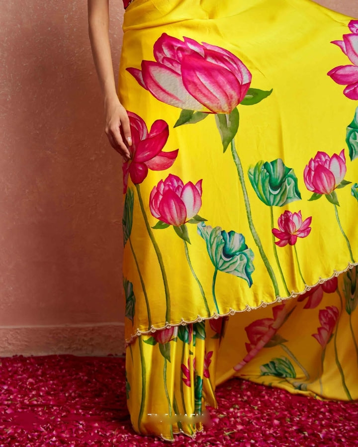 One Minute Ready To Wear Yellow Floral Print Silk Saree With Stitch Blouse