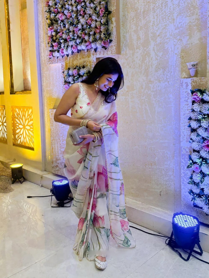 One Minute Ready To Wear Off White Floral Print Silk Saree With Stitch Blouse