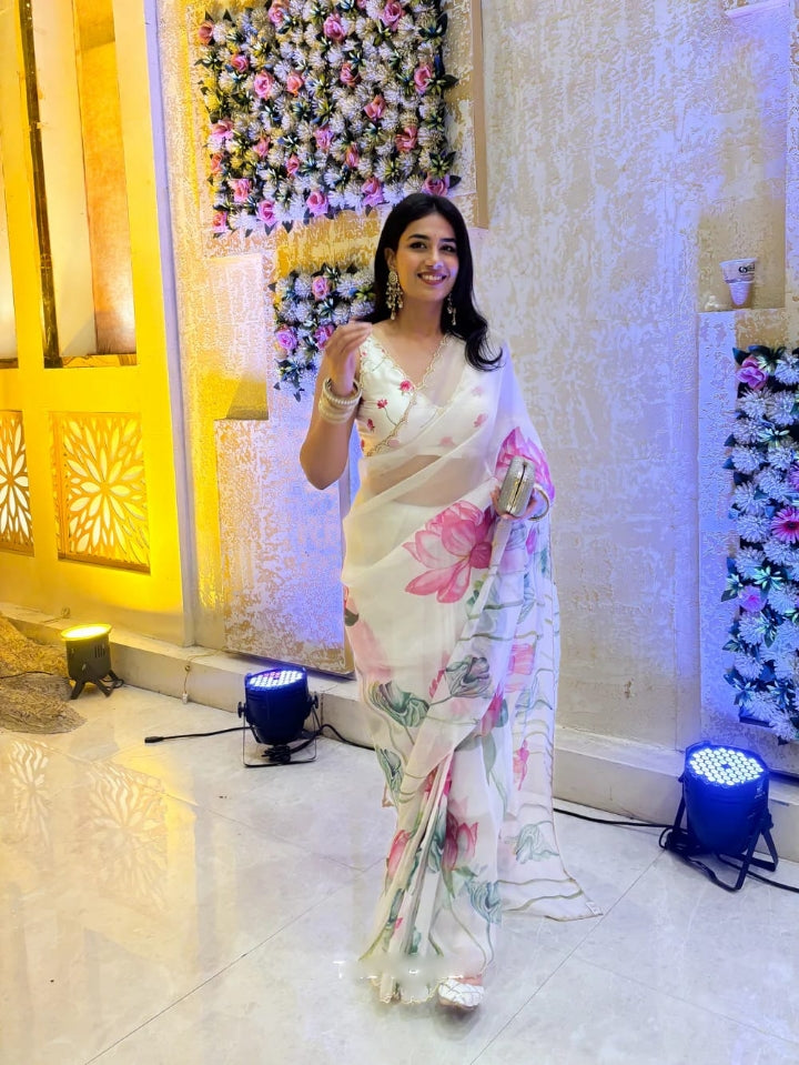 One Minute Ready To Wear Off White Floral Print Silk Saree With Stitch Blouse