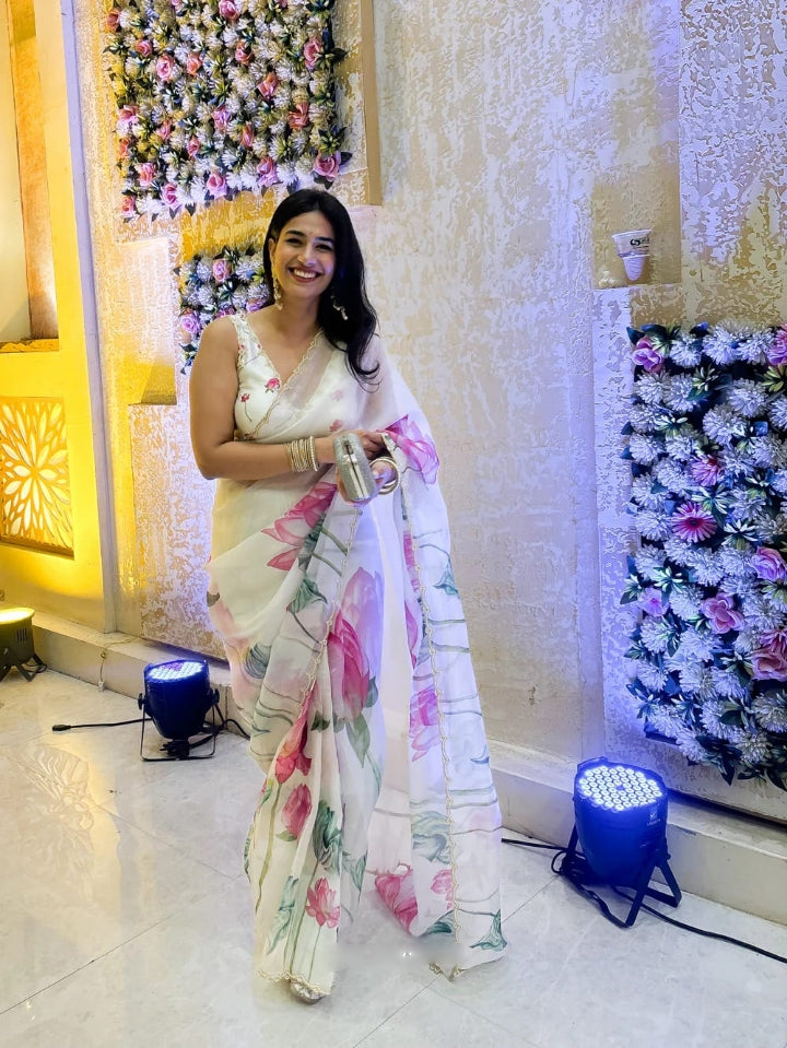One Minute Ready To Wear Off White Floral Print Silk Saree With Stitch Blouse
