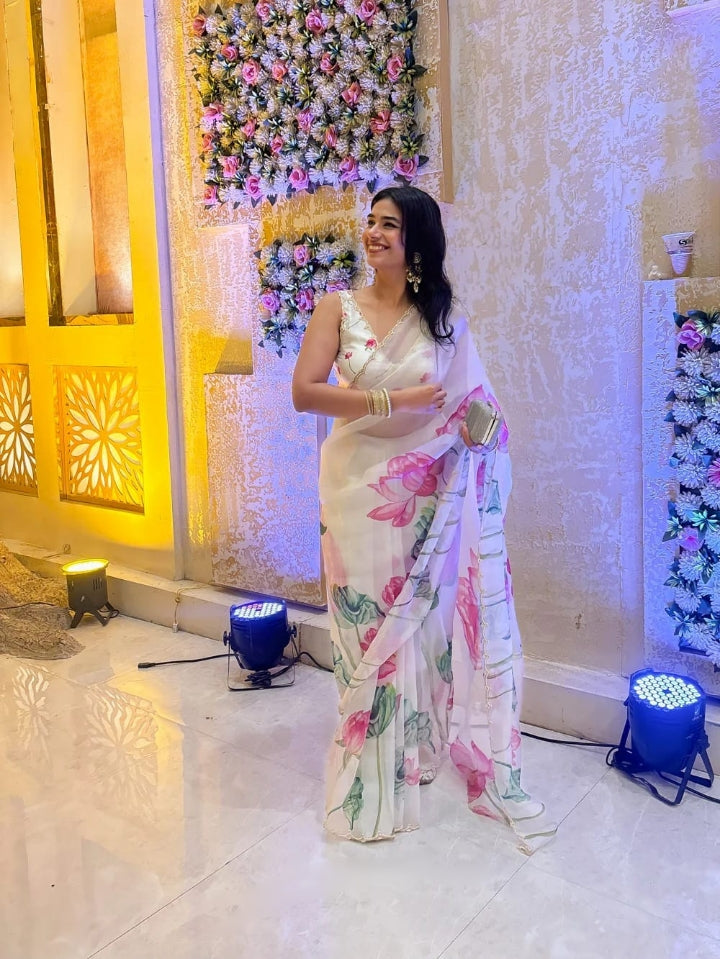 One Minute Ready To Wear Off White Floral Print Silk Saree With Stitch Blouse