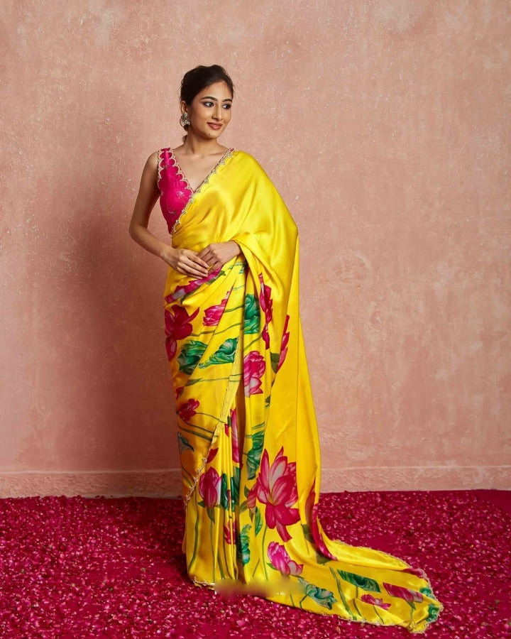 One Minute Ready To Wear Yellow Floral Print Silk Saree With Stitch Blouse