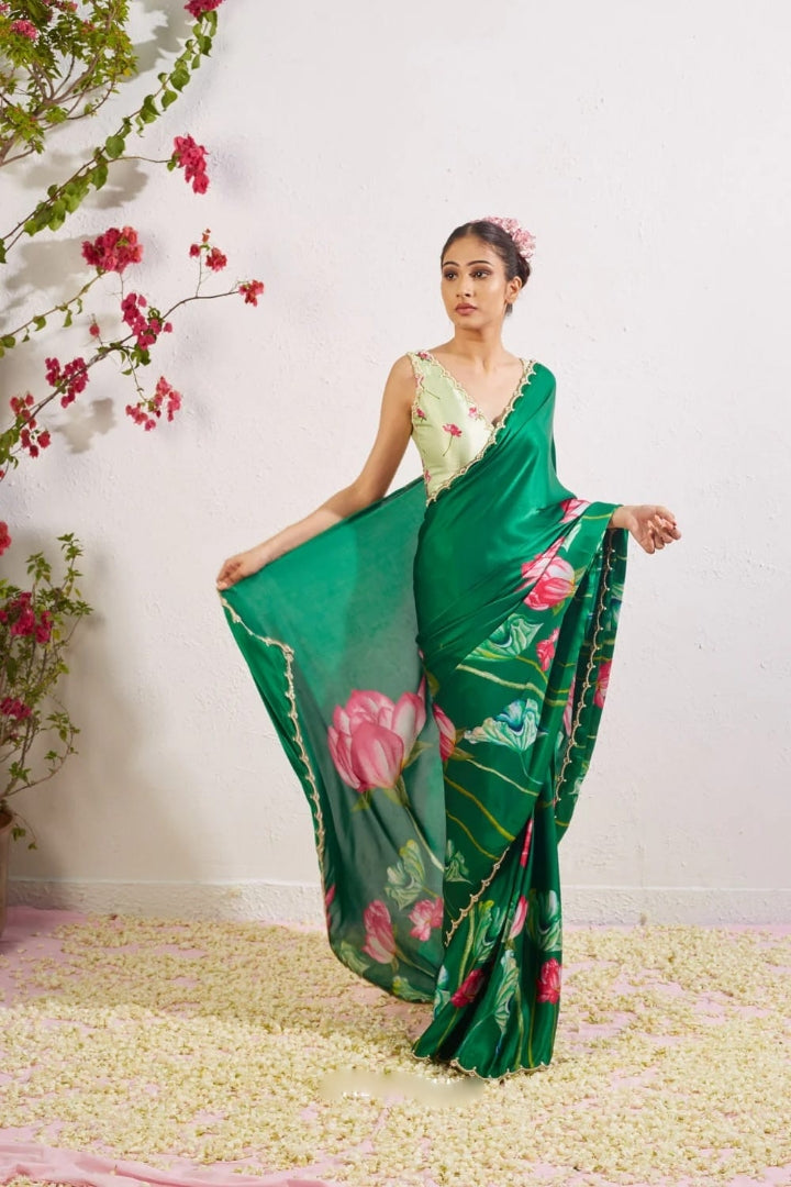 One Minute Ready To Wear Green Floral Print Silk Saree With Stitch Blouse