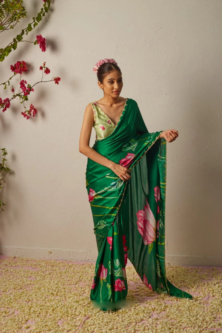 One Minute Ready To Wear Green Floral Print Silk Saree With Stitch Blouse