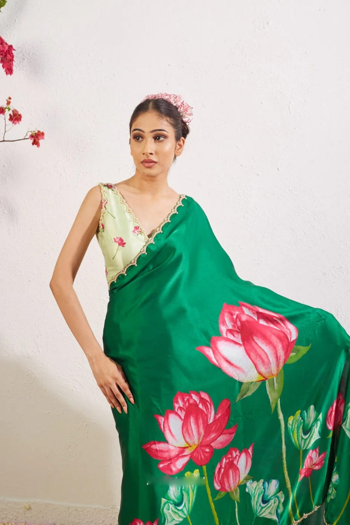 One Minute Ready To Wear Green Floral Print Silk Saree With Stitch Blouse
