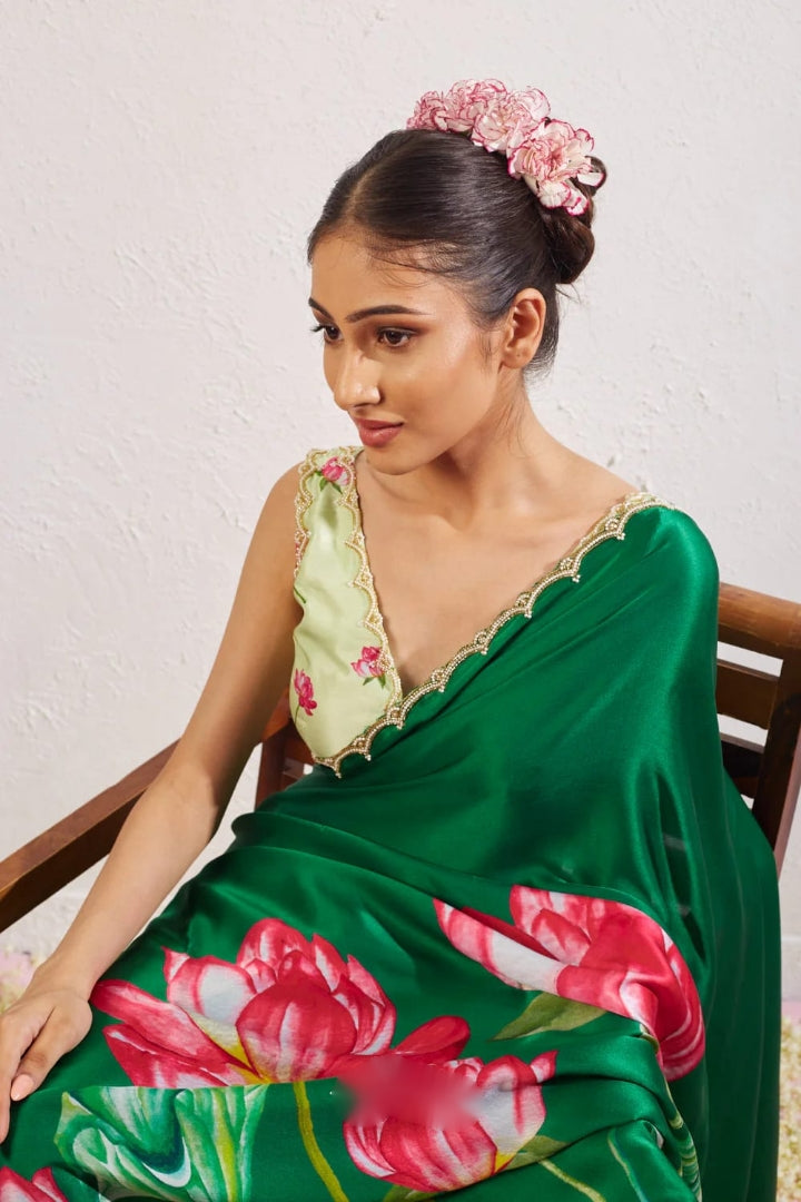 One Minute Ready To Wear Green Floral Print Silk Saree With Stitch Blouse