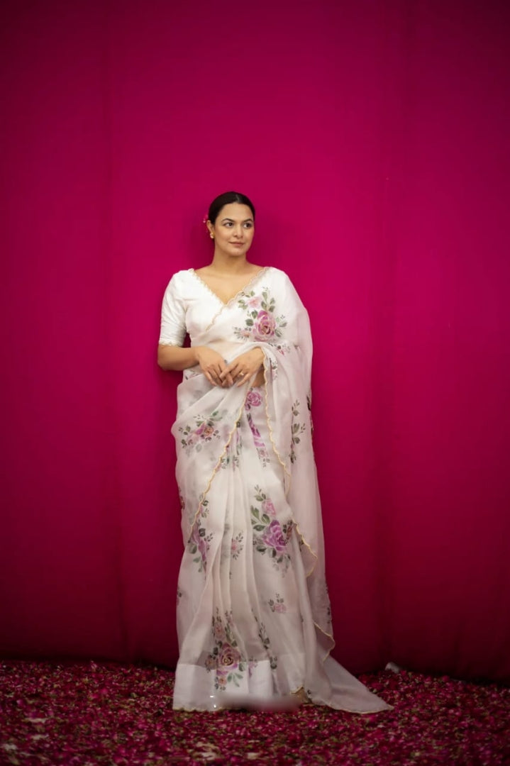 One Minute Ready To Wear White Floral Printed With Golden Cutwork Party Wear Saree With Stitch Blouse
