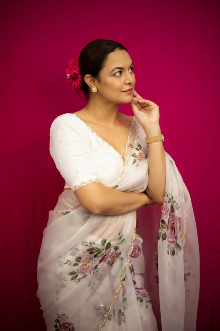 One Minute Ready To Wear White Floral Printed With Golden Cutwork Party Wear Saree With Stitch Blouse