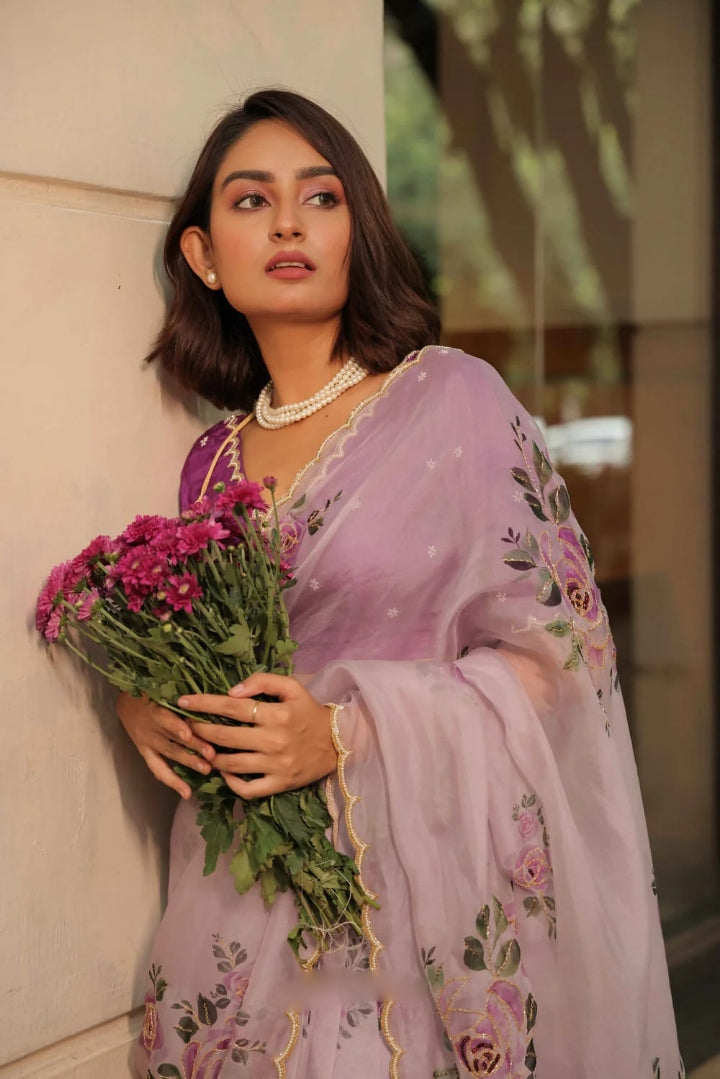 One Minute Ready To Wear White Floral Printed With Golden Cutwork Party Wear Saree With Stitch Blouse