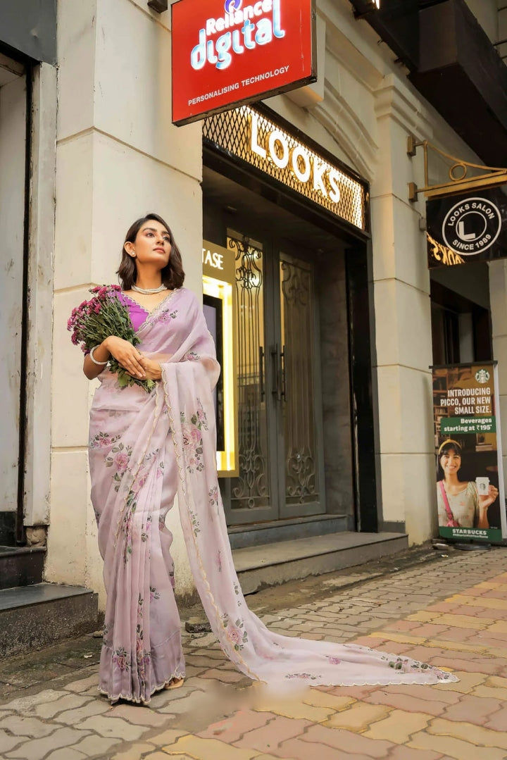 One Minute Ready To Wear White Floral Printed With Golden Cutwork Party Wear Saree With Stitch Blouse