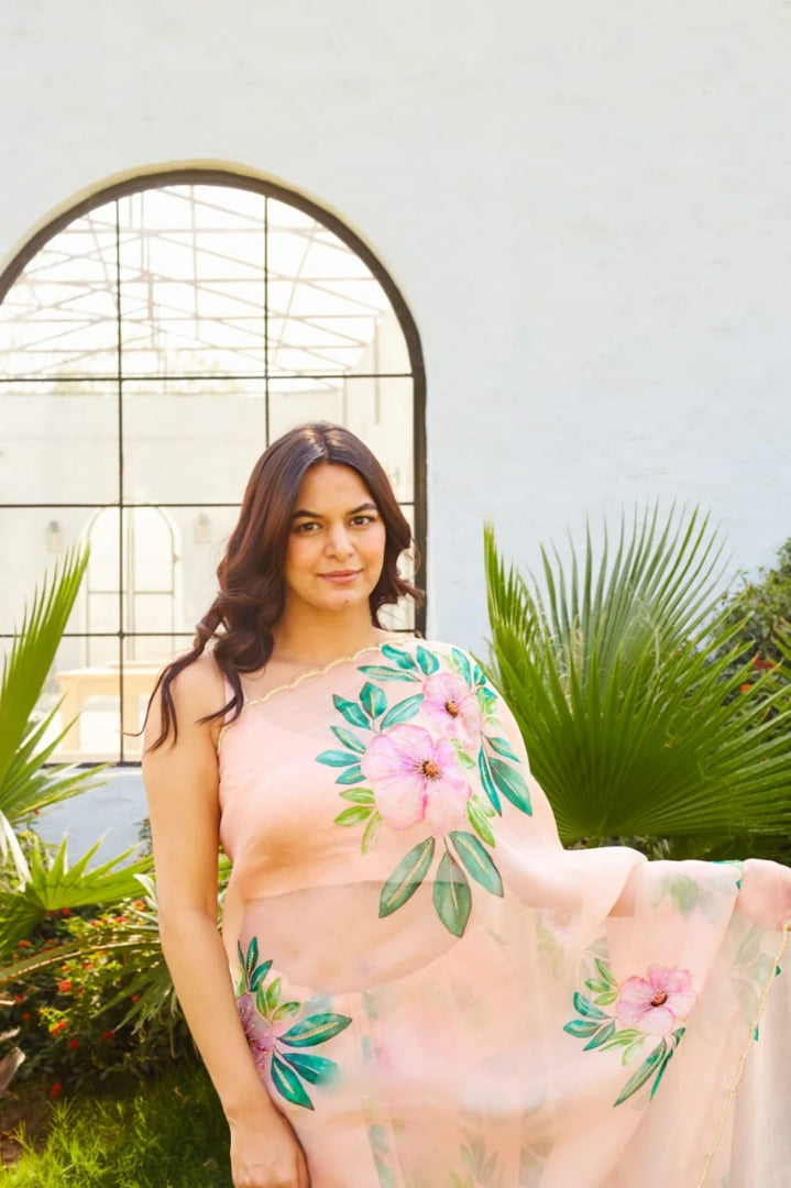 One Minute Ready To Wear Floral Blossom Peach Soft Silk Saree