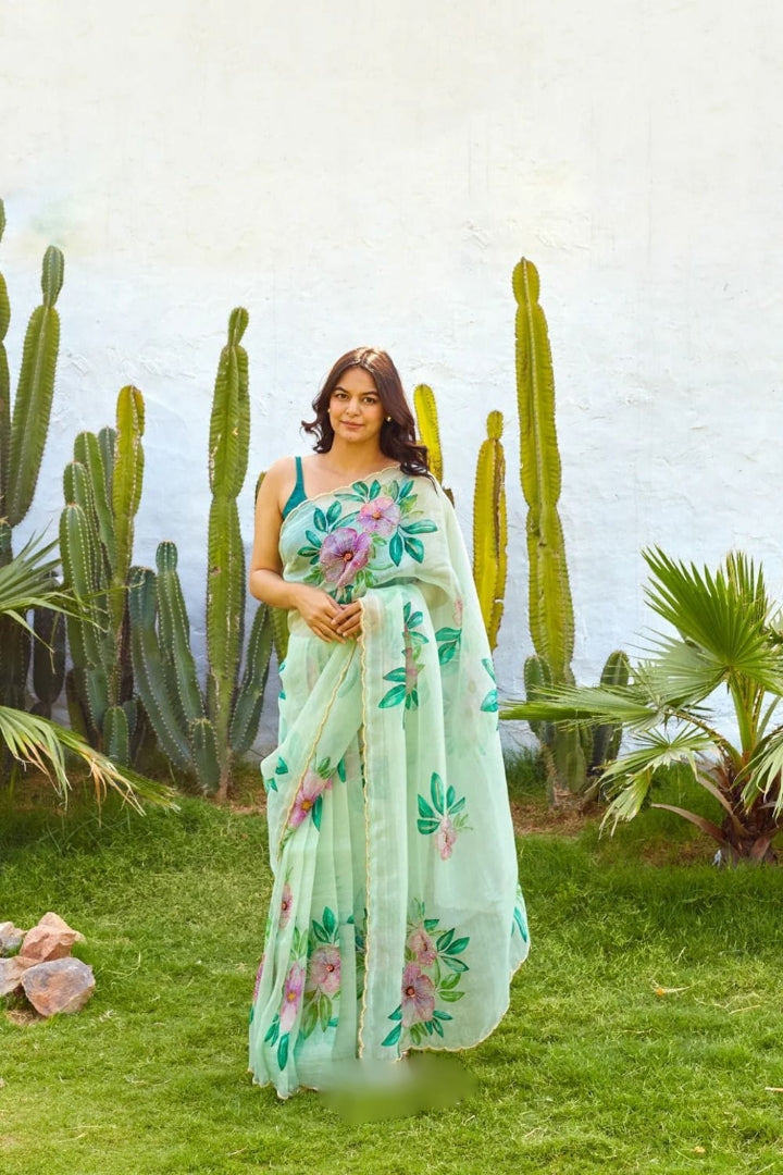 One Minute Ready To Wear Floral Blossom Green Soft Silk Saree