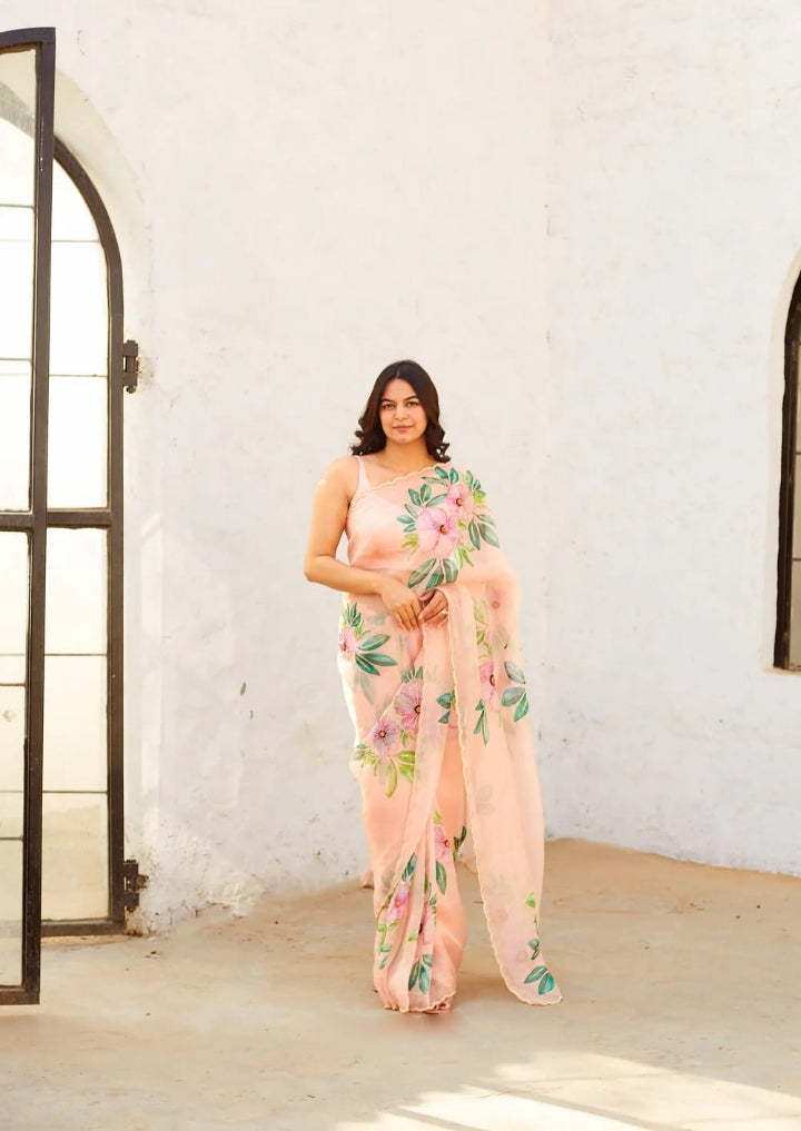 One Minute Ready To Wear Floral Blossom Peach Soft Silk Saree