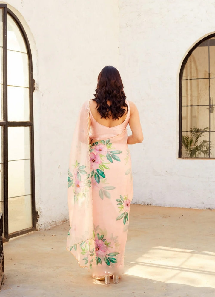 One Minute Ready To Wear Floral Blossom Peach Soft Silk Saree