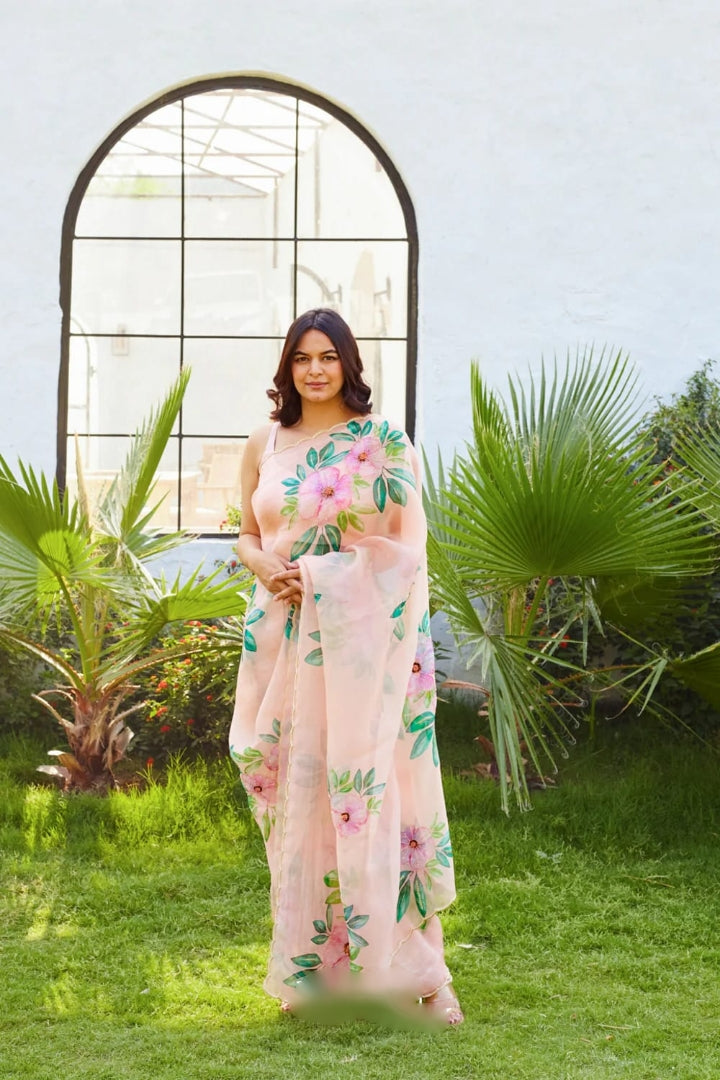 One Minute Ready To Wear Floral Blossom Peach Soft Silk Saree